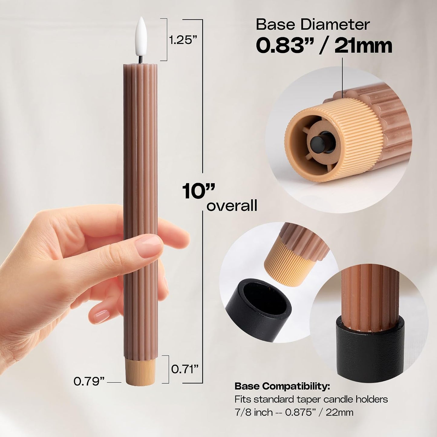 10" Fluted Ribbed LED Brown Tan Grooved Real Wax Taper Candles, Remote & 24h Timer Memory, On/Off Switch - Flameless