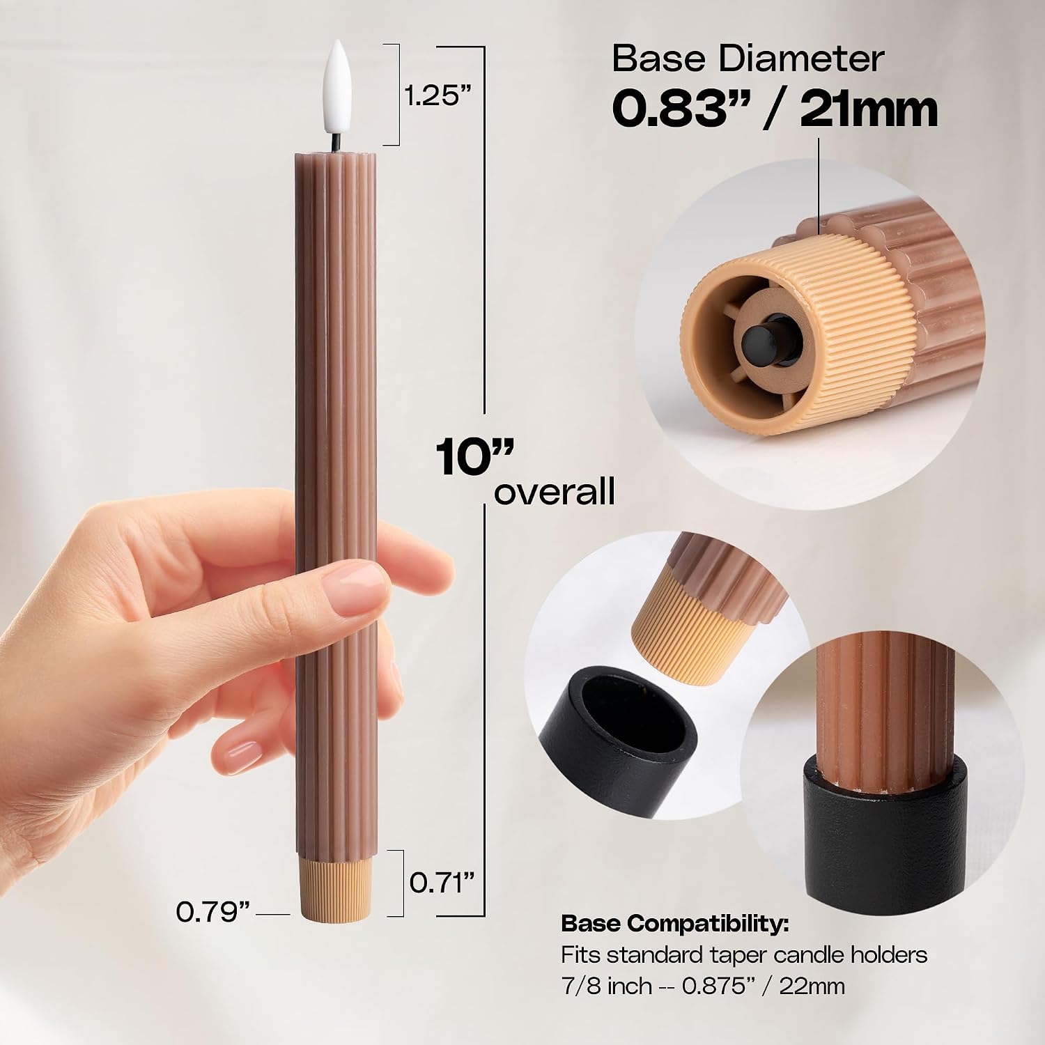 10" Fluted Ribbed LED Brown Tan Grooved Real Wax Taper Candles, Remote & 24h Timer Memory, On/Off Switch - Flameless