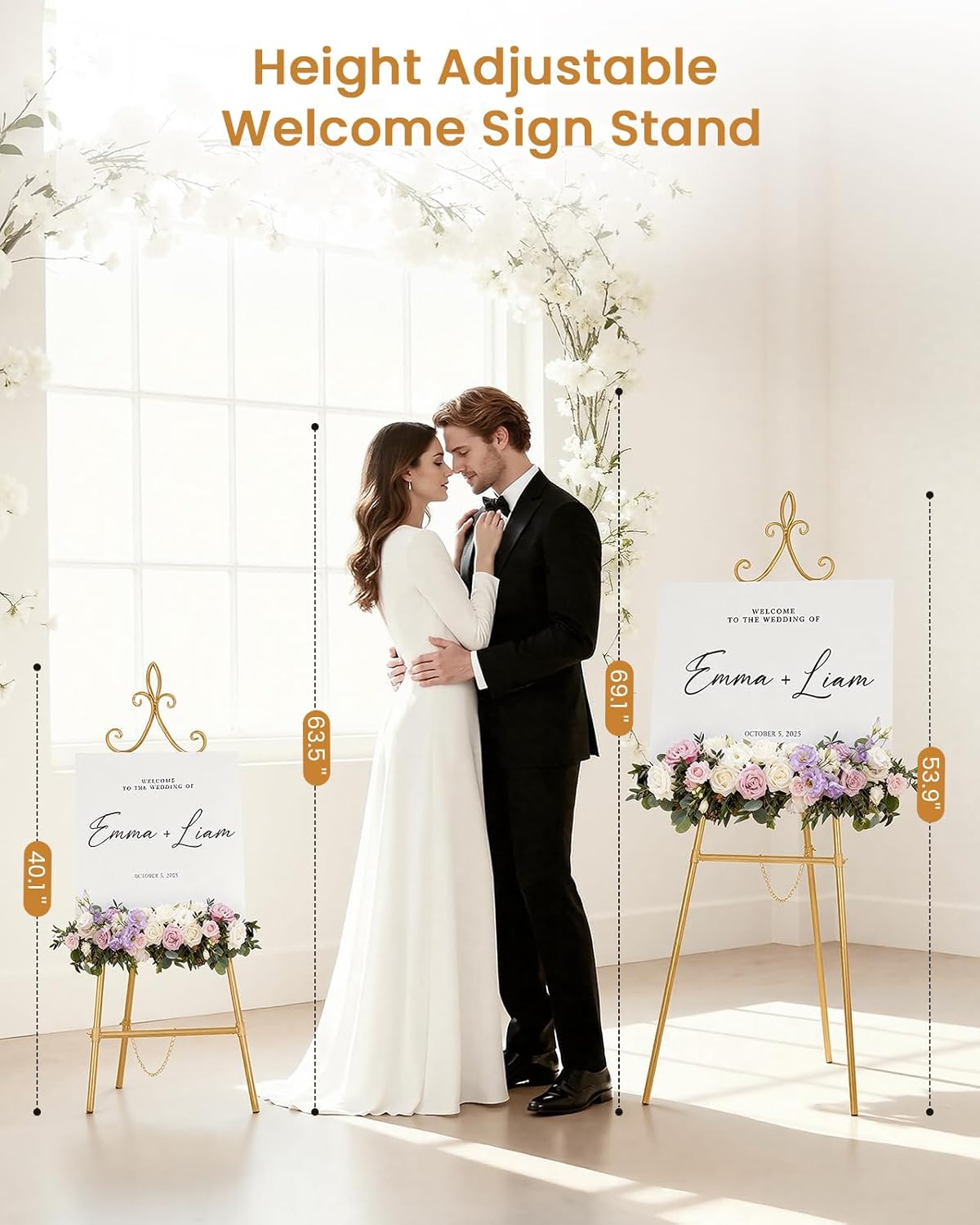 53.9" Gold Easel Stand for Sign, Heavy Duty Metal Display Easel with Storage Bag, Adjustable Art Easel for Wedding