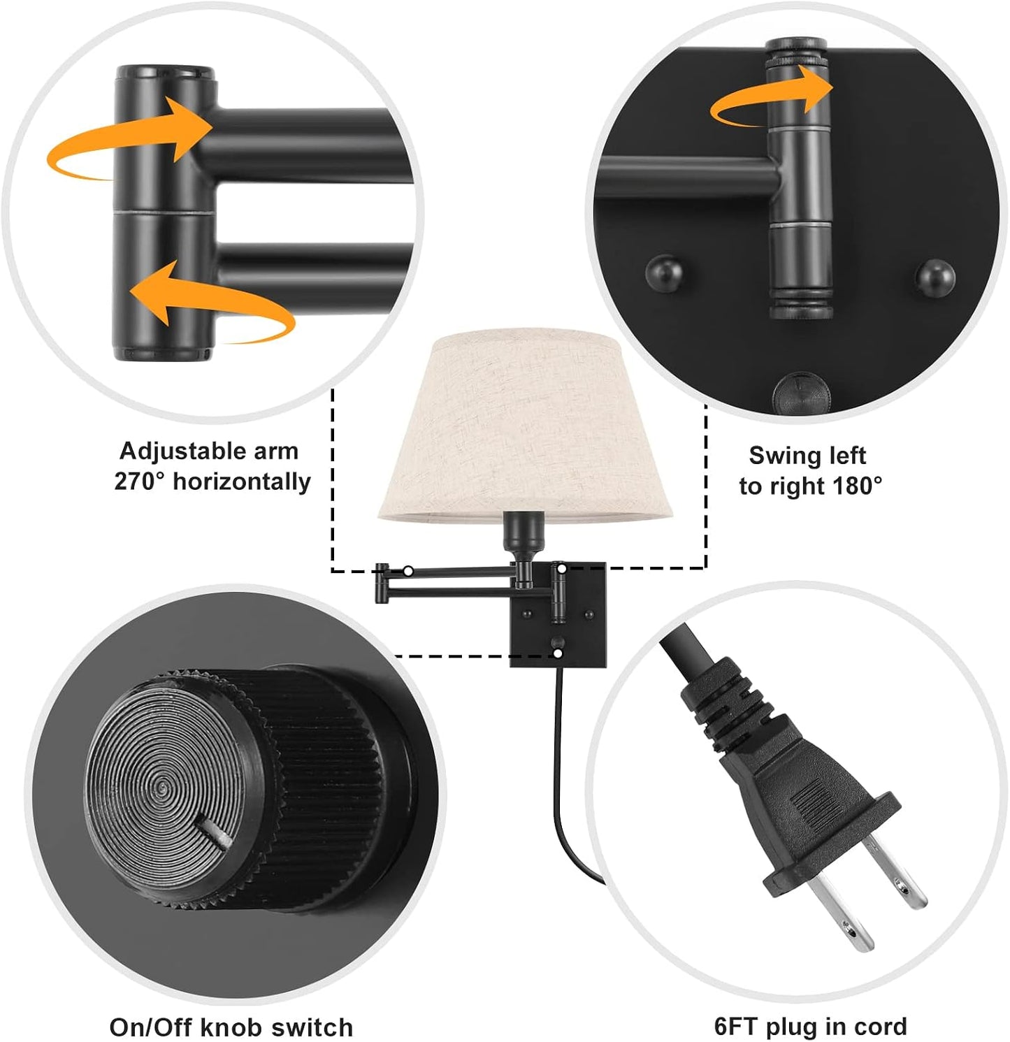 TRLIFE Wall Sconce Plug in, Remote Control Dimming 10-100% and Adjustable Color Temperature 2700K-6500K Swing Arm Wall