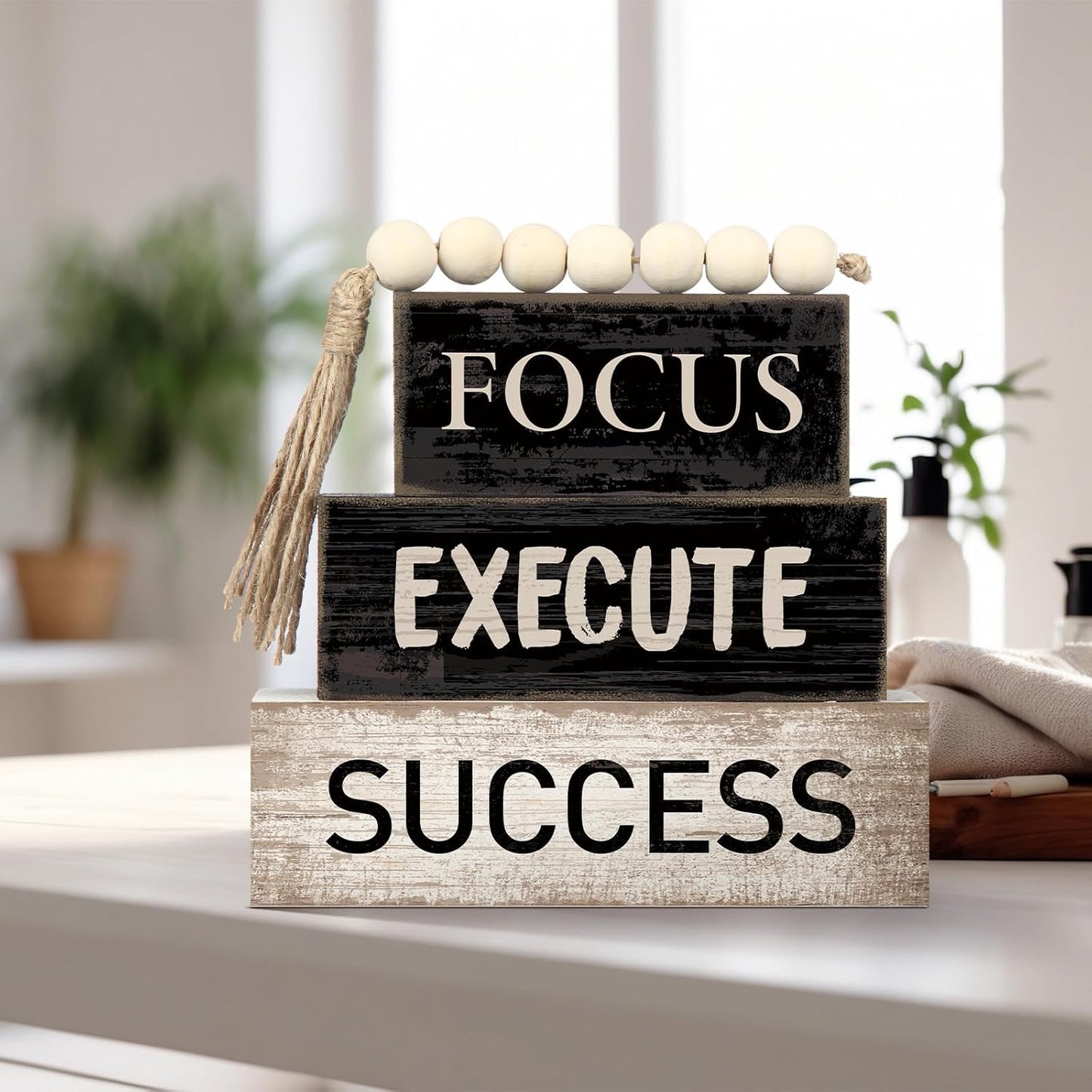 Motivational Desk Decor Wooden Office Decor Inspirational Tiered Tray / Success / Set of 4