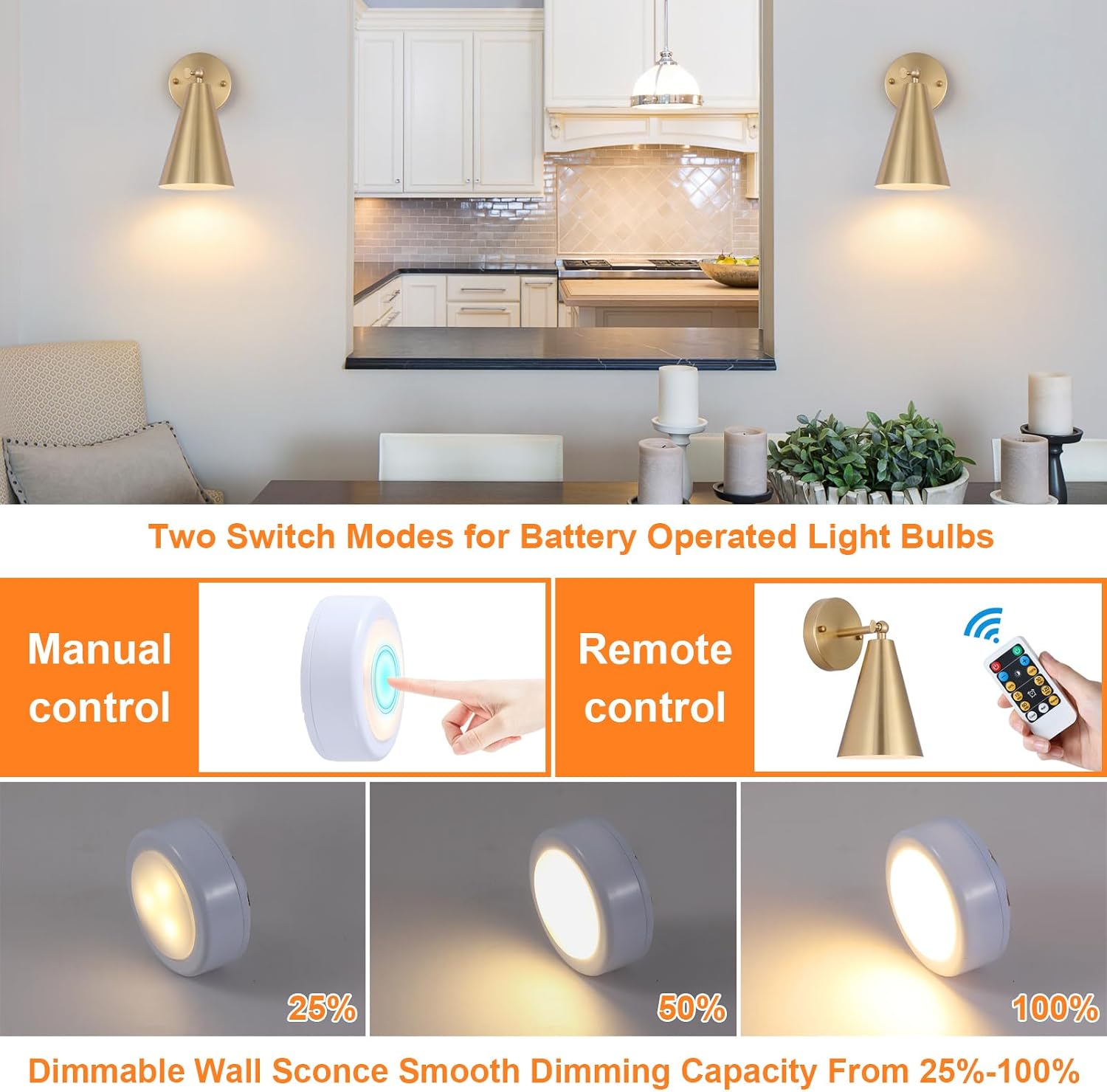 MWZ Gold Battery Operated Wall Sconces Set of Two,Wireless Indoor Lighting with Remote Control, Modern Dimmable 2 Color
