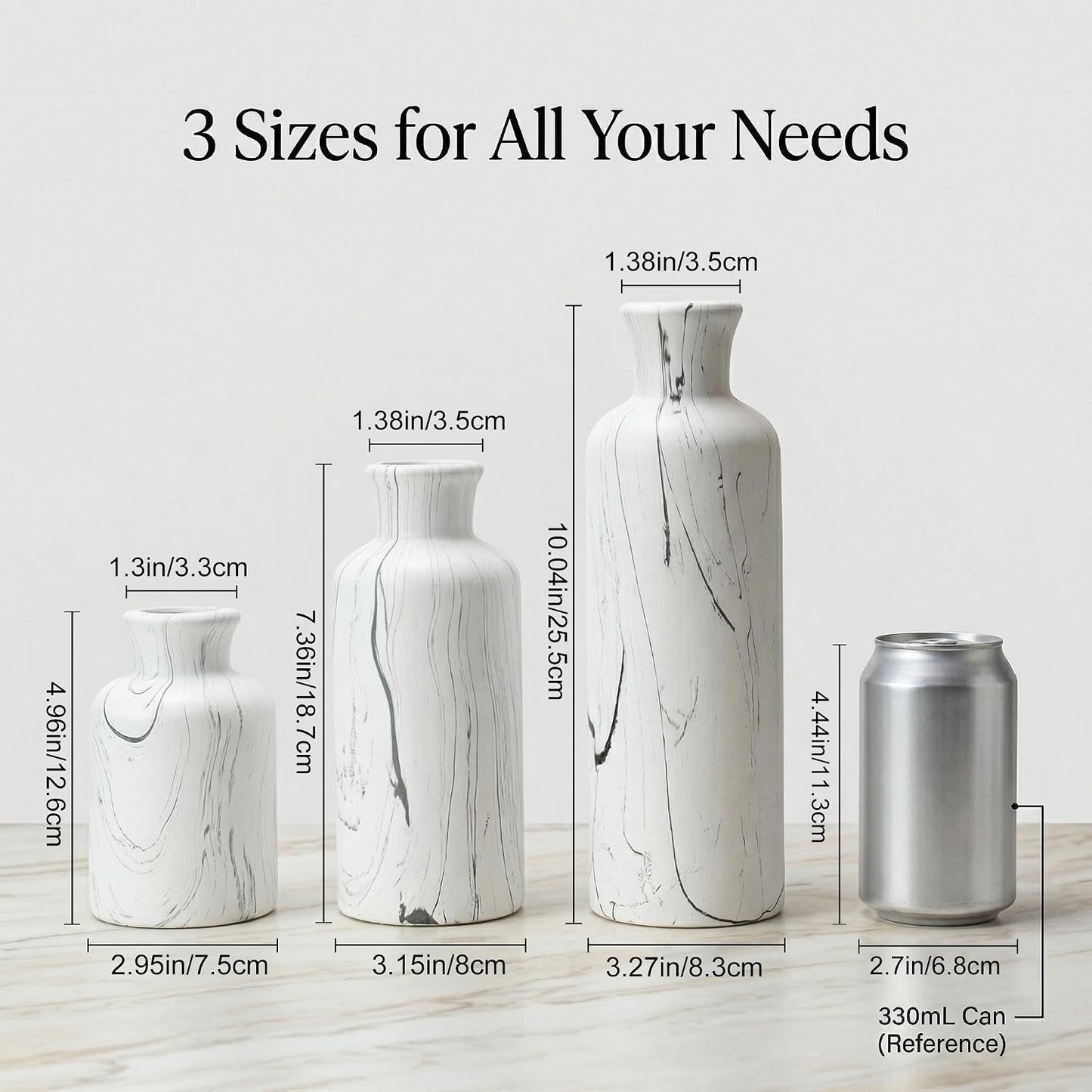 Modern Ceramic Flower Vase / 104-white Gray Marble / Set of 3