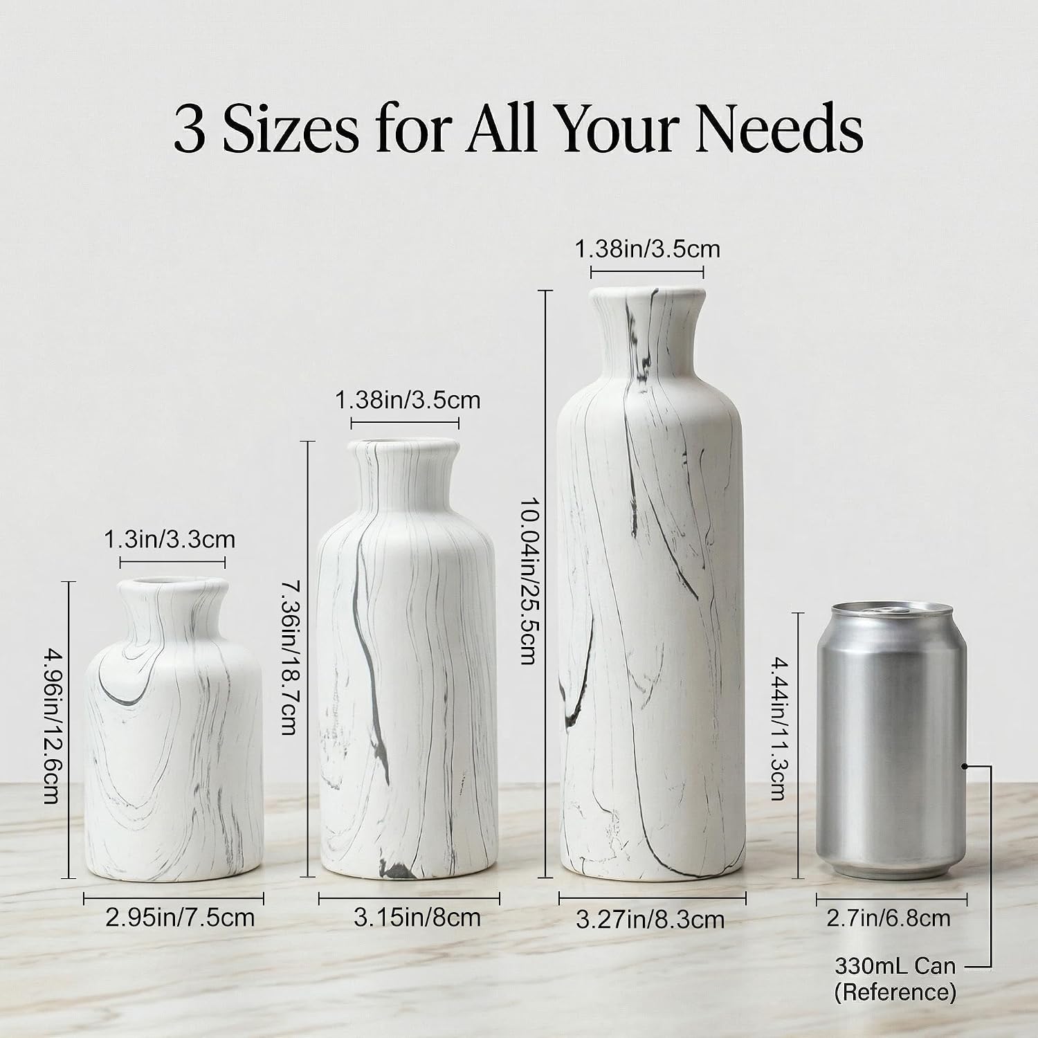 Modern Ceramic Flower Vase / 104-white Gray Marble / Set of 3