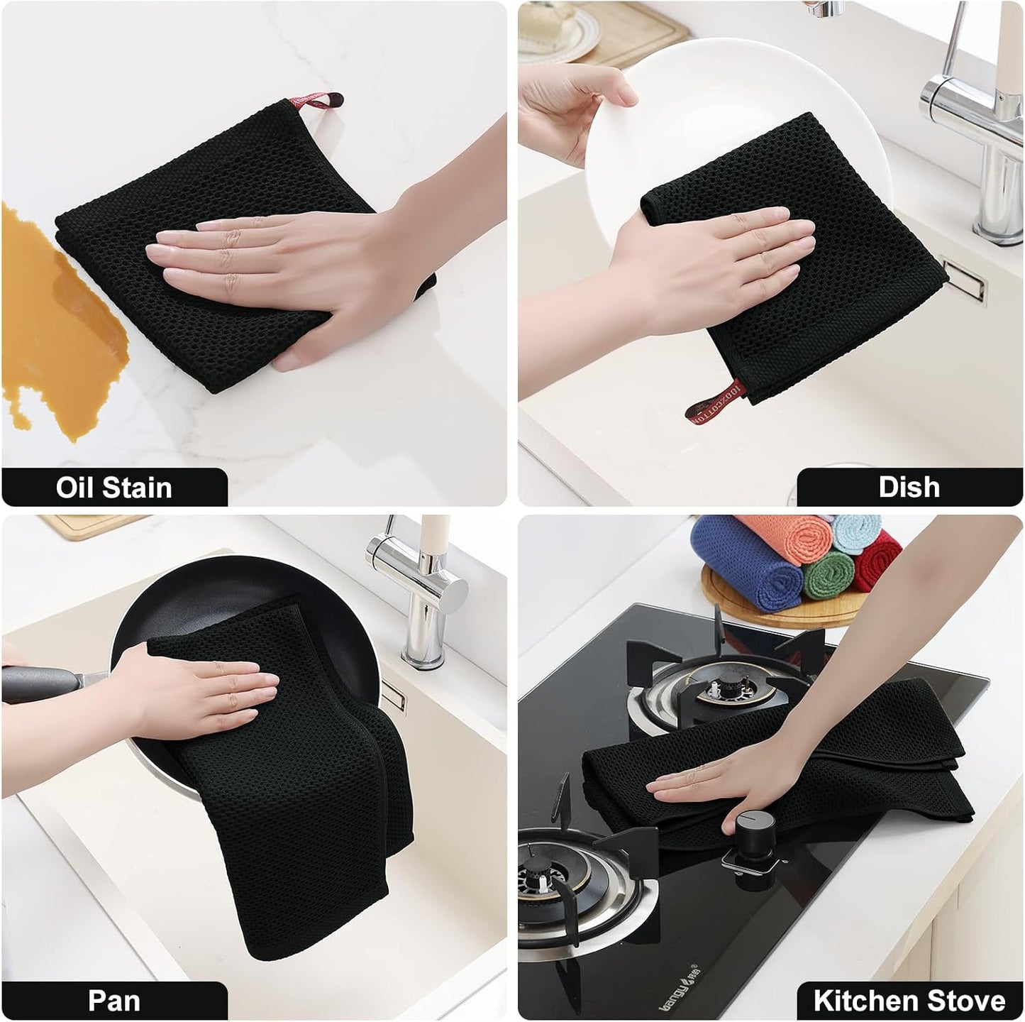 Homaxy 12 Pack 100% Cotton Kitchen Towels and Dishcloths Set, Black | 12 x 12 Inches and 13 x 28 Inches Kitchen Towels