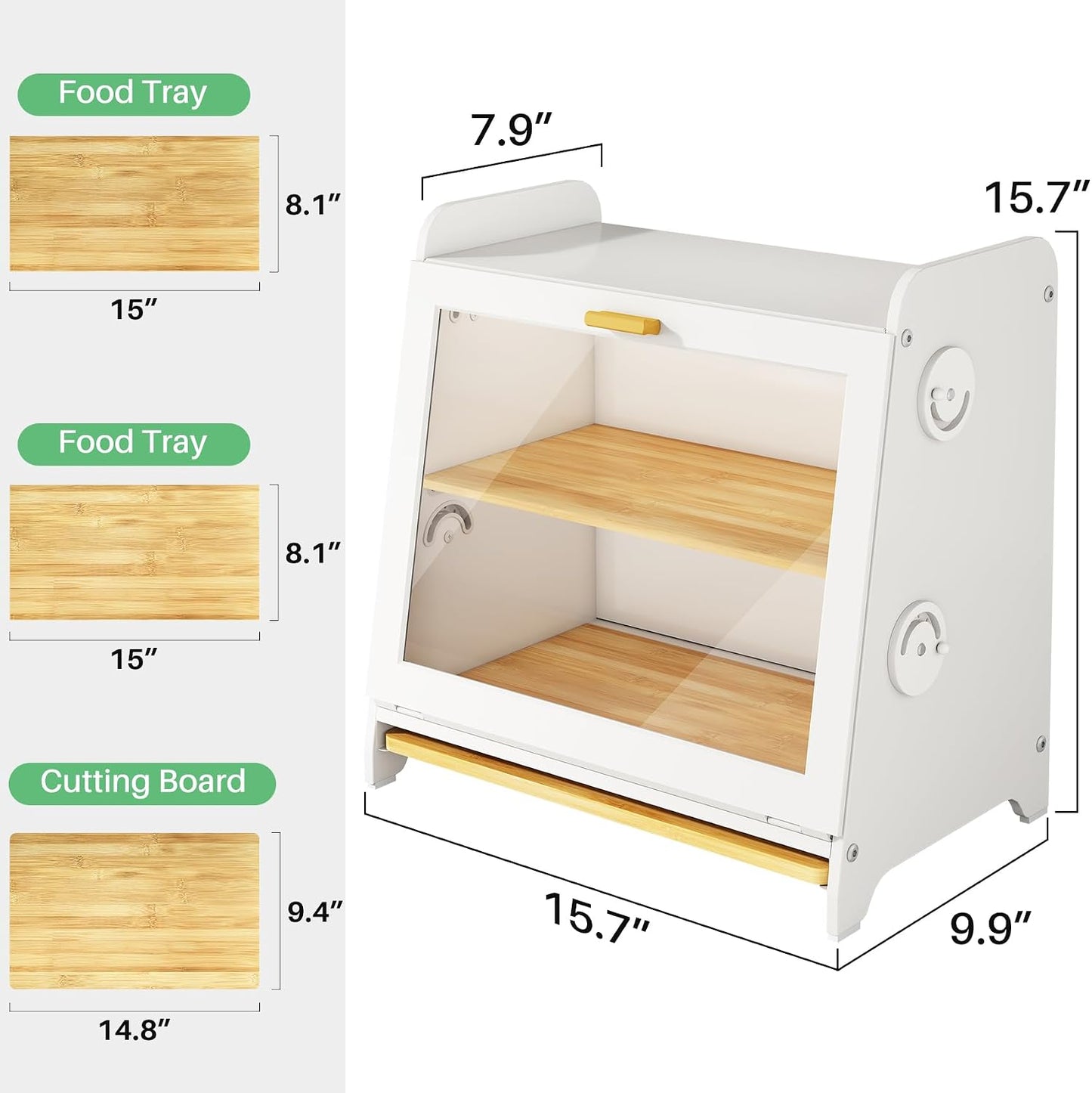 SNTD Airtight Bread Box for Kitchen Countertop, Bamboo Cutting Board, White | Adjustable Vent Hole, Sorted Storage
