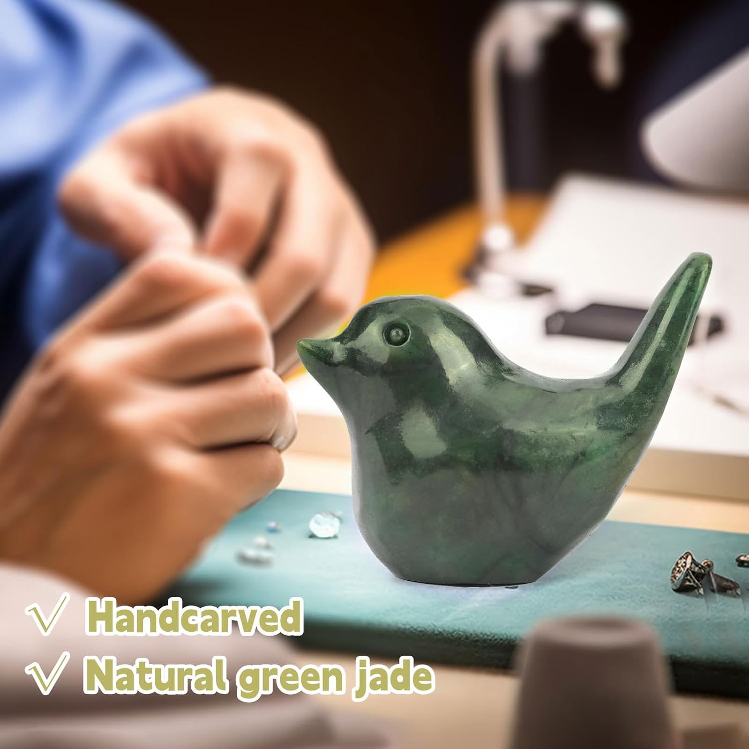 Natural Hand Carved Jade Figurine for Modern Home Decor / Jade Bird / Green