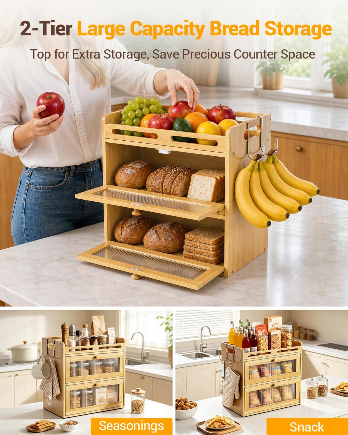 Bread Box for Kitchen Countertop, 2-Tier Bamboo Storage with Top Shelf | Large Capacity Bread Container, 2 Banana