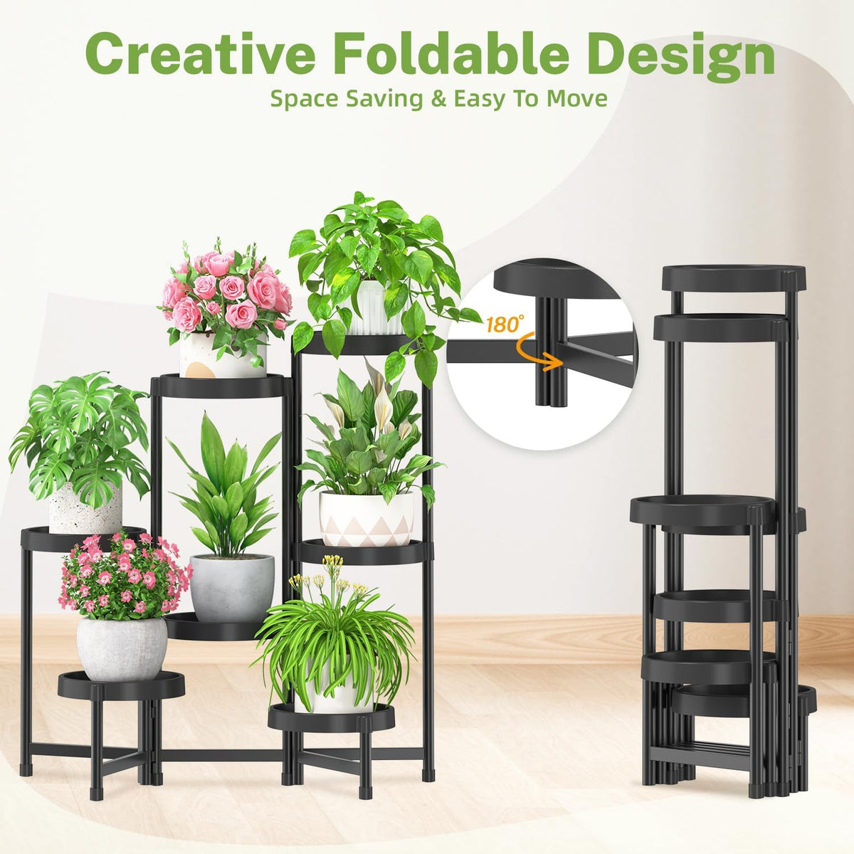 iDavosic.ly 7 Tier Folding Plant Stand Indoor Outdoor, Plastic Tray, Black | Space Saving Tiered Corner Storage Display