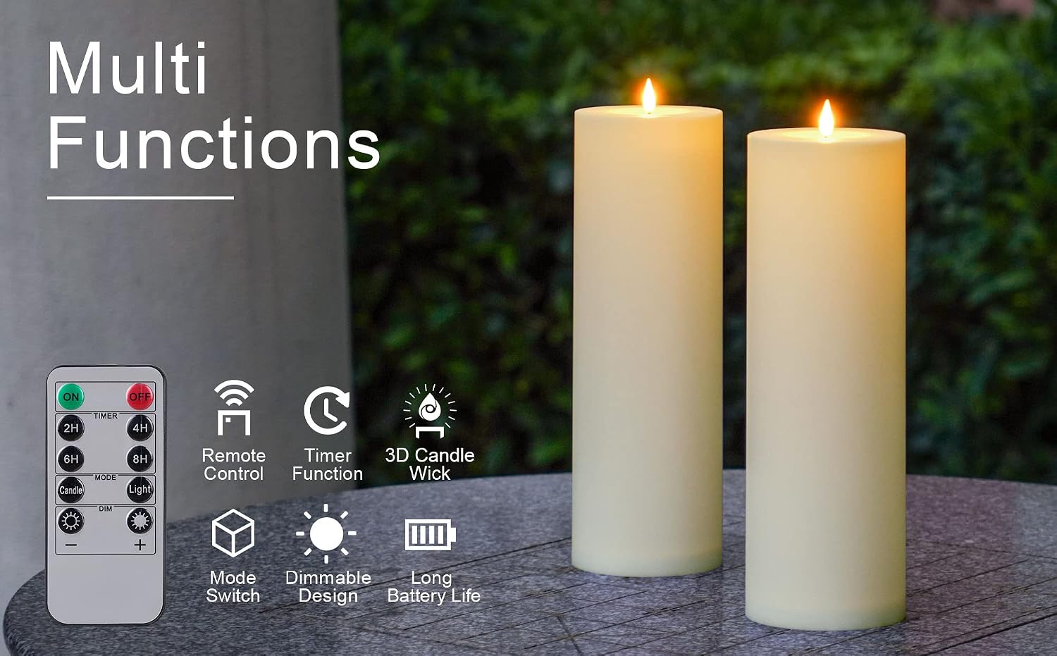 Large Flameless LED Candles Outdoor: 12" x 4" Battery Operated Pillar Candles Flickering with Timer Waterproof Fake