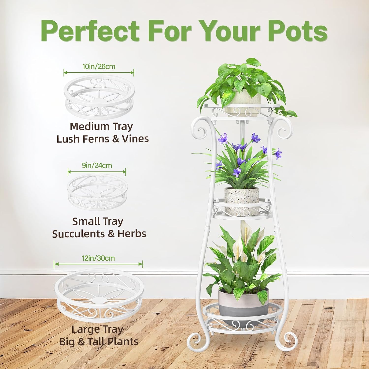 iDavosic.ly 3 Tier Tall Metal Plant Stand Outdoor Indoor, 34 Inch, White | Corner Flower Pot Holder Shelf, Wrought Iron