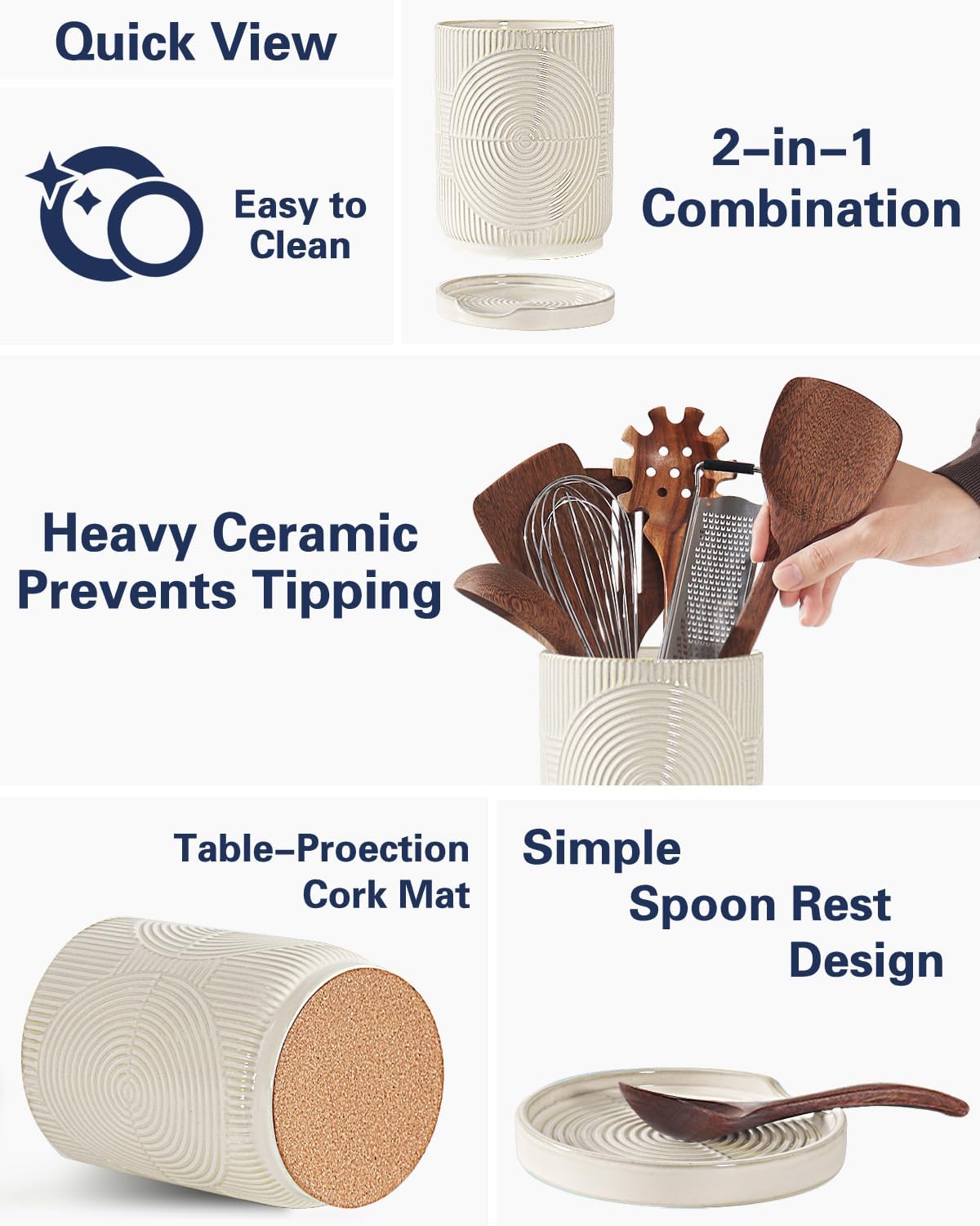 Utensil Holder, 7.2" Kitchen Utensil Holder for Counter, 2-in-1 Ceramic Cooking Utensils Holders with Spoon Rest