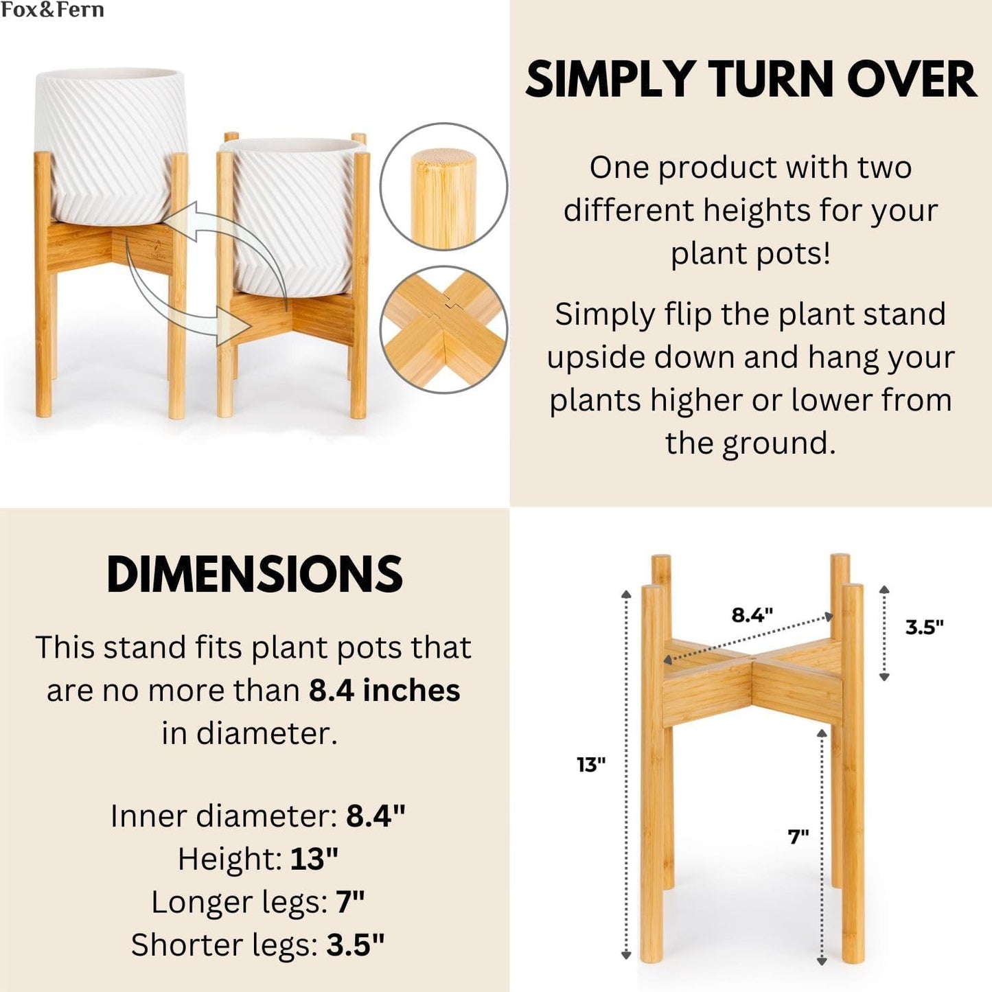 Fox & Fern Mid Century Plant Stands for Indoor Planters, Bamboo, 8 Inch | Plug In Design, Holds 150 lbs, Two High