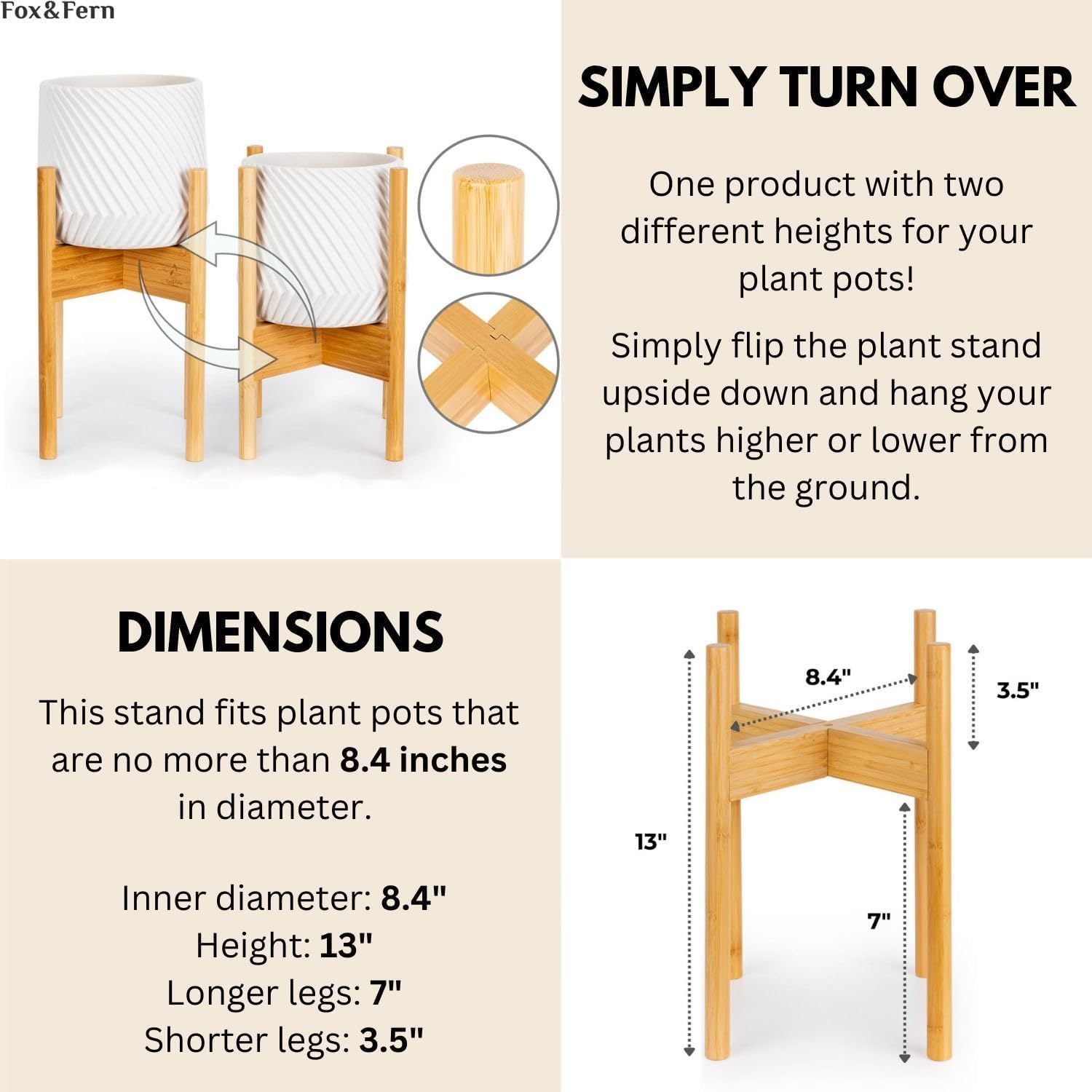 Fox & Fern Mid Century Plant Stands for Indoor Planters, Bamboo, 8 Inch | Plug In Design, Holds 150 lbs, Two High