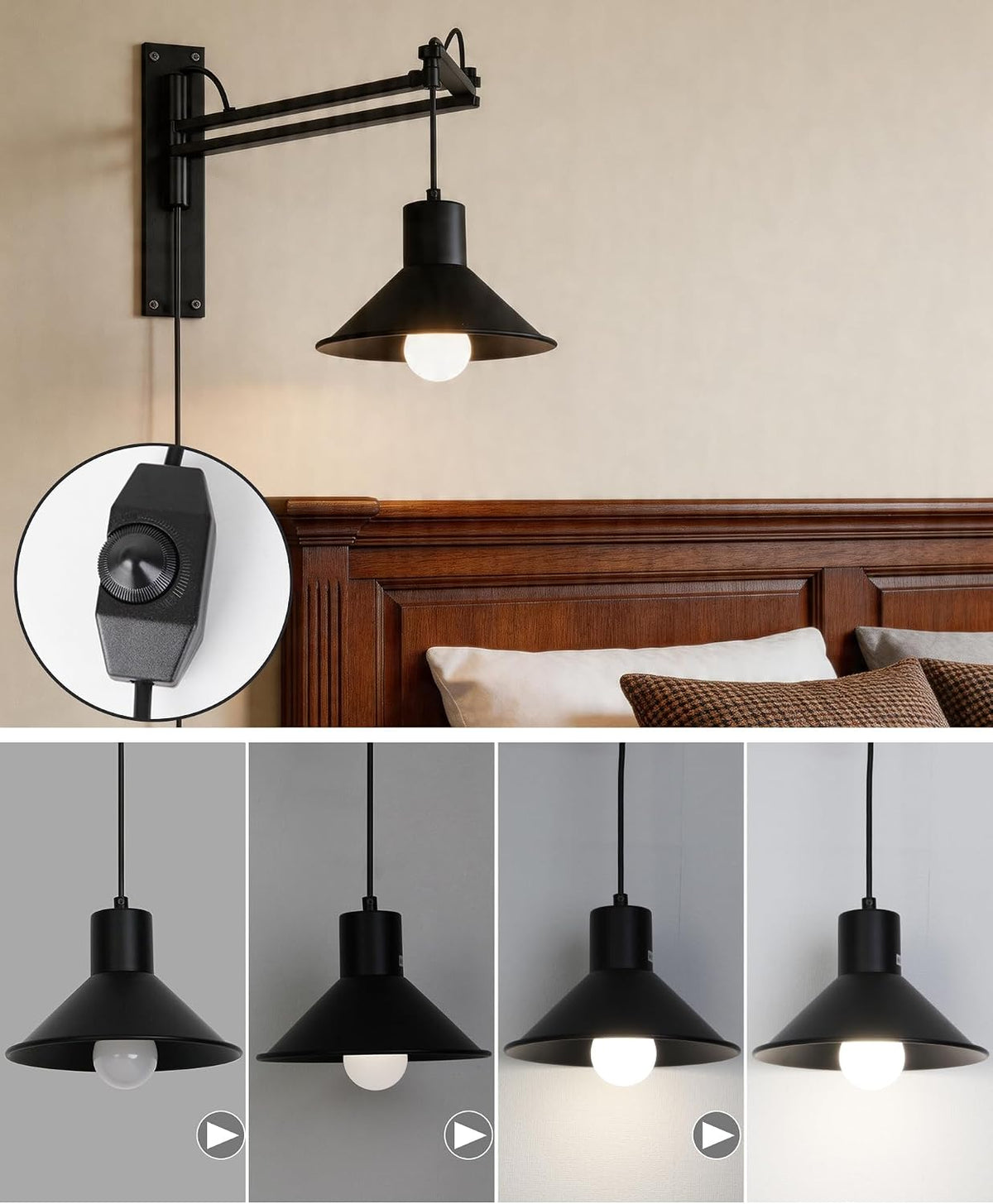 Plug in Wall Sconces, Swing Arm Wall Lamp with Dimmable Switch, Wall Sconce with Plug in Cord for Bedside Bedroom