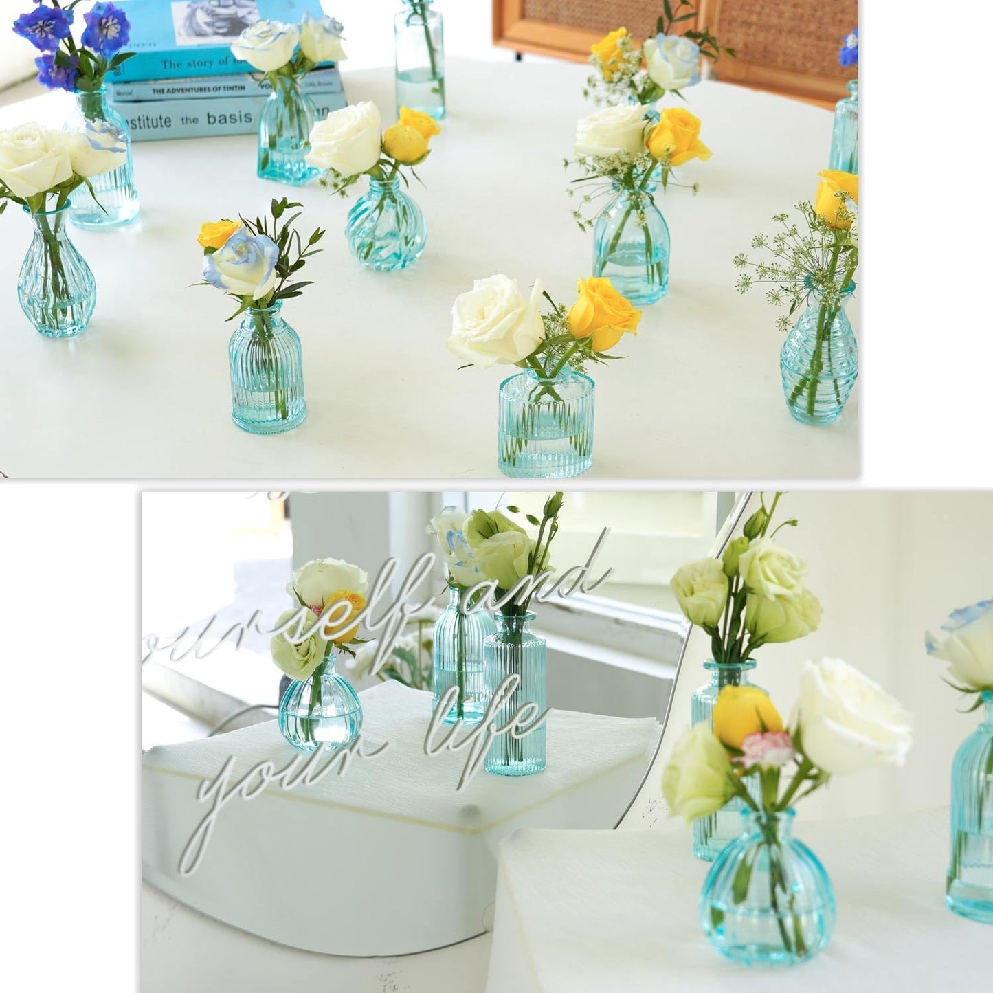 Glass Vase / Modern Ribbed Glass Bud Vase Wedding Flower Vase / Blue / 2 Packs