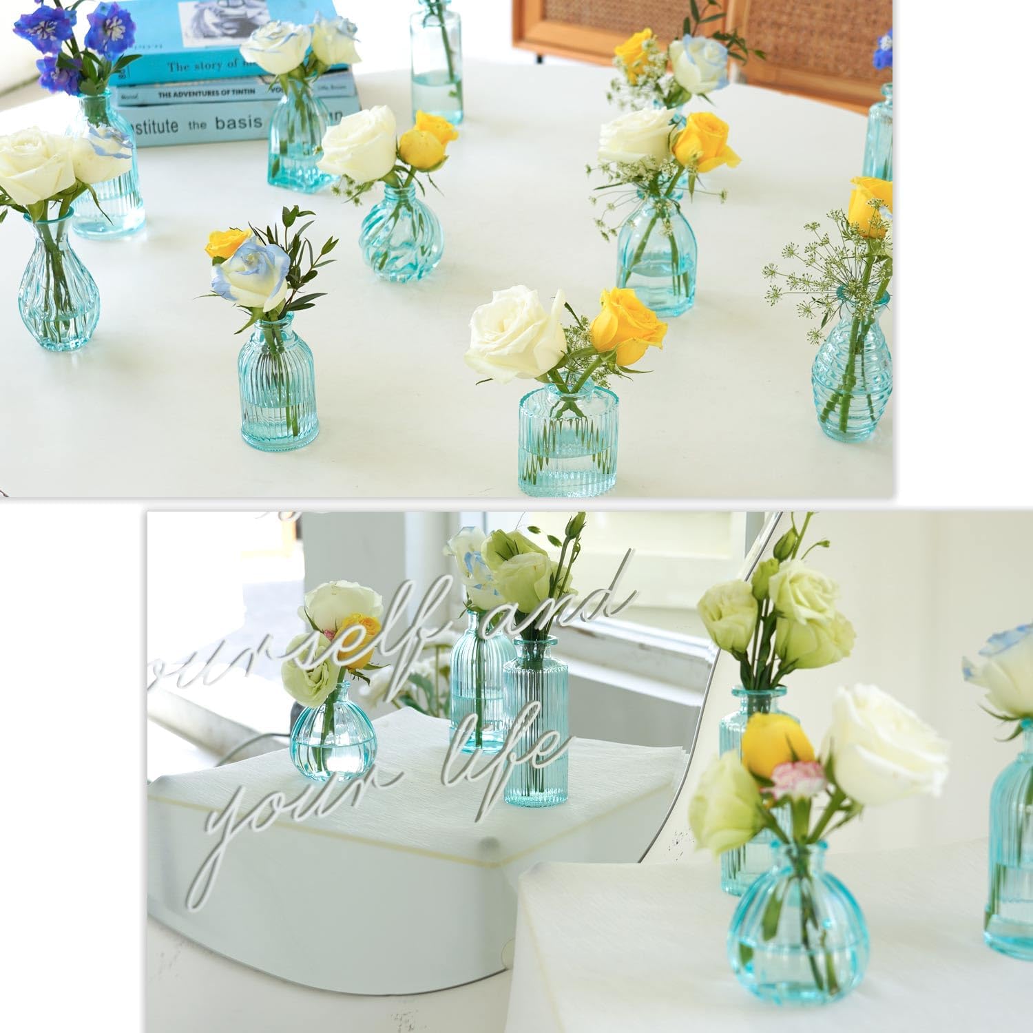 Glass Vase / Modern Ribbed Glass Bud Vase Wedding Flower Vase / Blue / 2 Packs