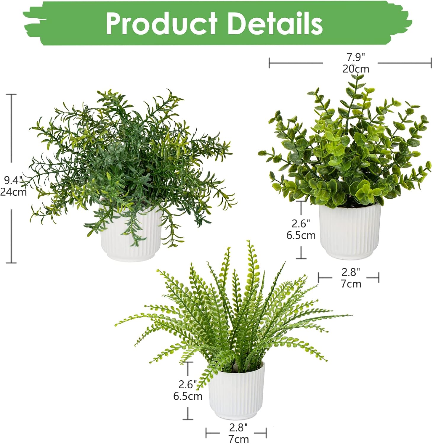 Fake Plants Artificial Plants in Pots Small Faux Plant Eucalyptus Rosemary Boston Fern / Set of 3