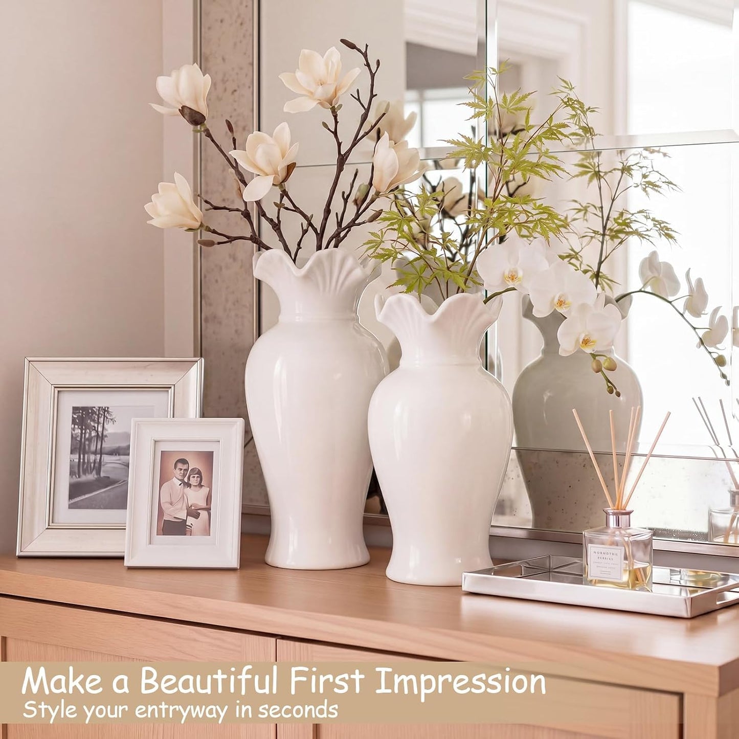 Ceramic Vase Set Small Rustic Decorative Vases Home Decor / 6.7, 7.9in / Classic / White / Set of 2