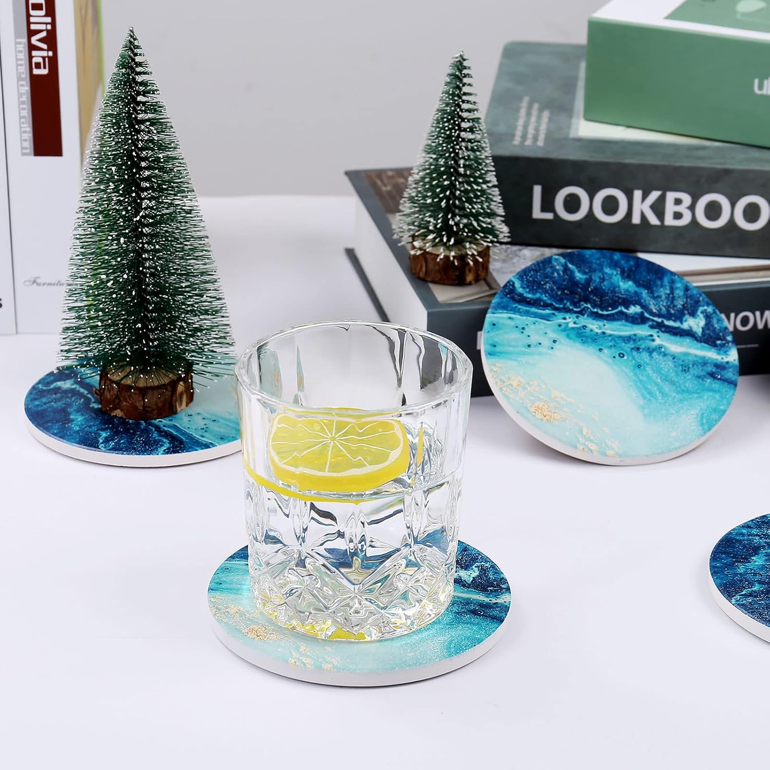 Ceramic Cup Holder Drink Coasters / Blue Ocean / Set of 4