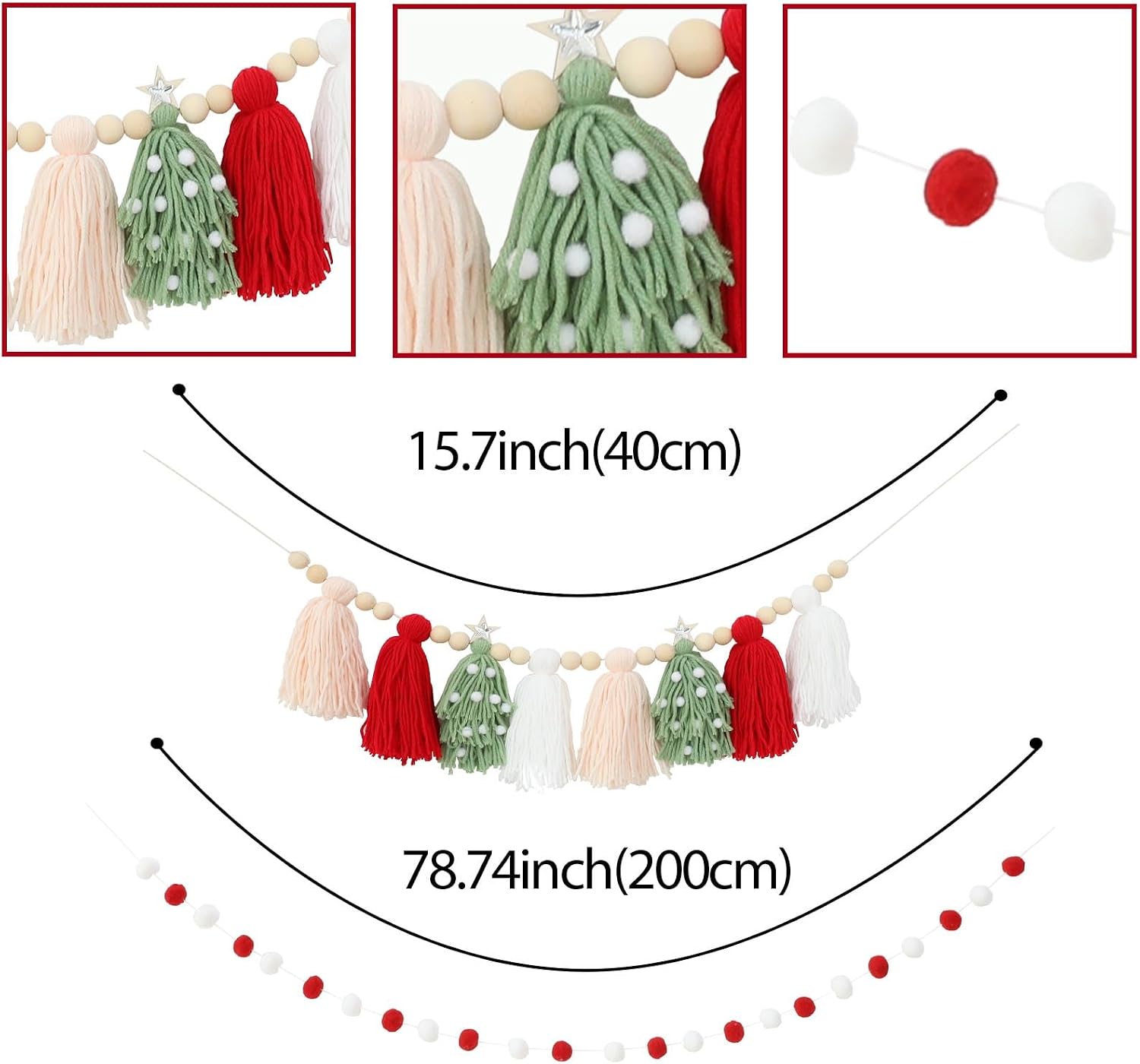 Wood Beads And Pom Pom Garlands Wall Hanging Home Decor For Christmas / Red White Pink Green