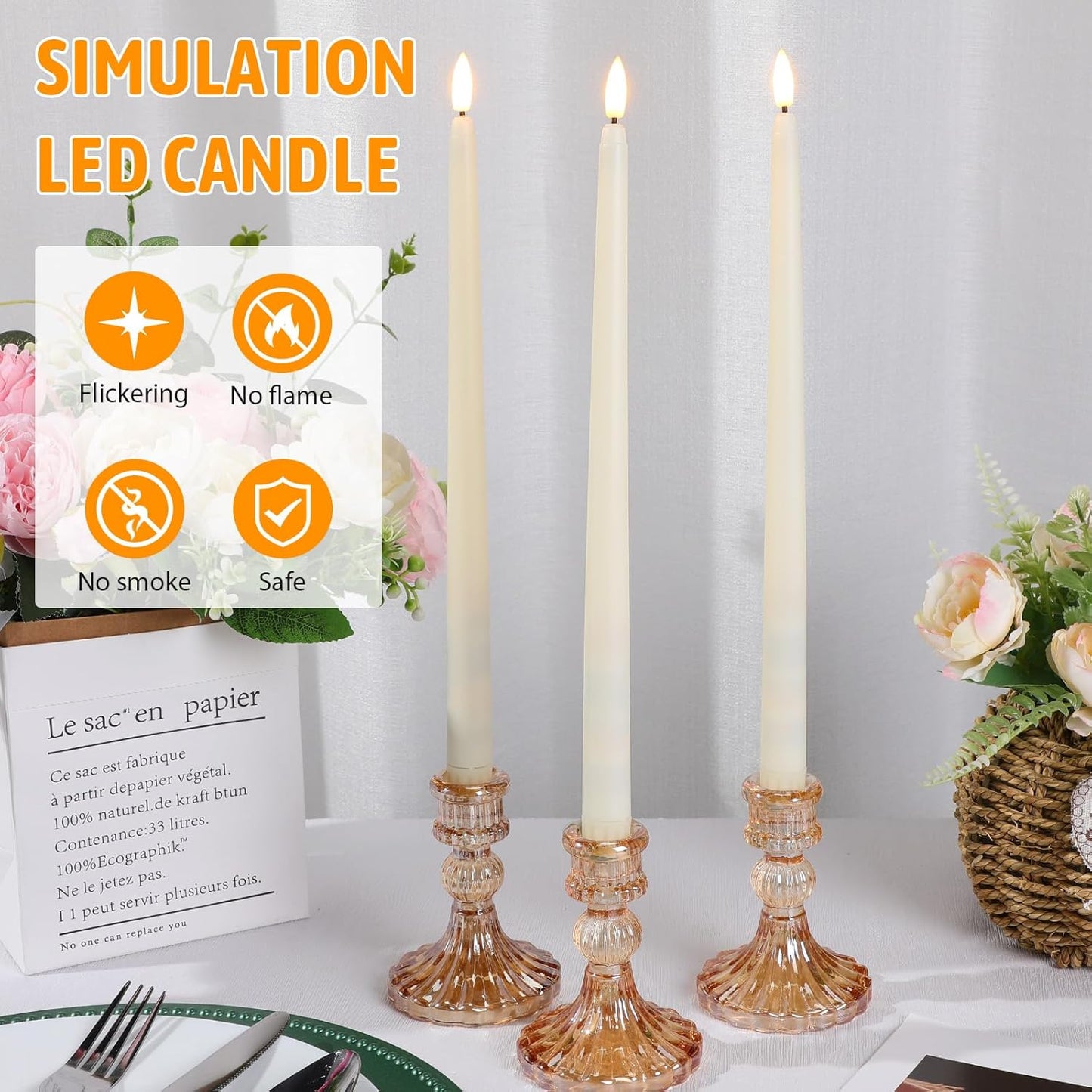 50 Pcs 12.4 Inches Ivory Flameless Taper Candles Bulk | Taper Candles Battery Operated, LED Candlesticks Flickering