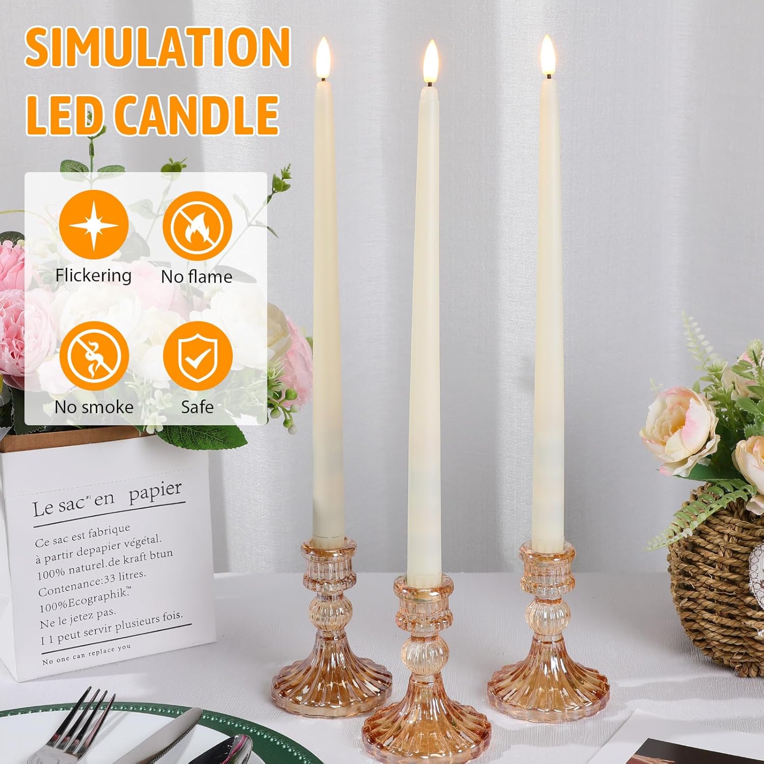 50 Pcs 12.4 Inches Ivory Flameless Taper Candles Bulk | Taper Candles Battery Operated, LED Candlesticks Flickering