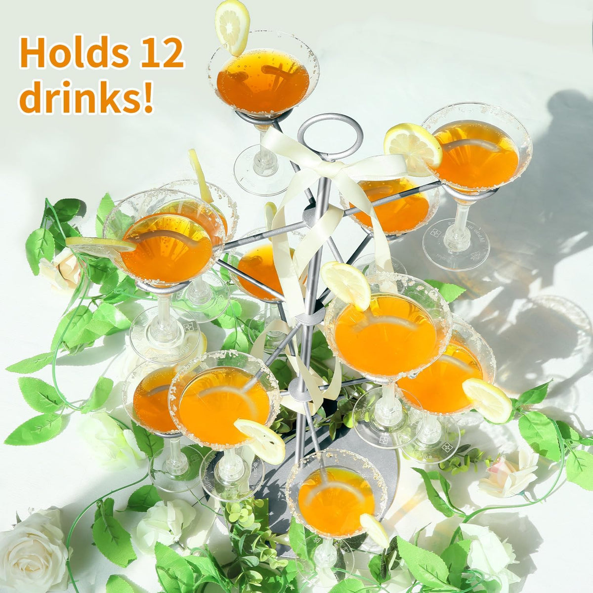 QPIX DIGITAL Cocktail Tree Stand, Metal Drink Tower, 3 Tier - 12 Holders For Champagne, Cocktails,Martini, Margarita