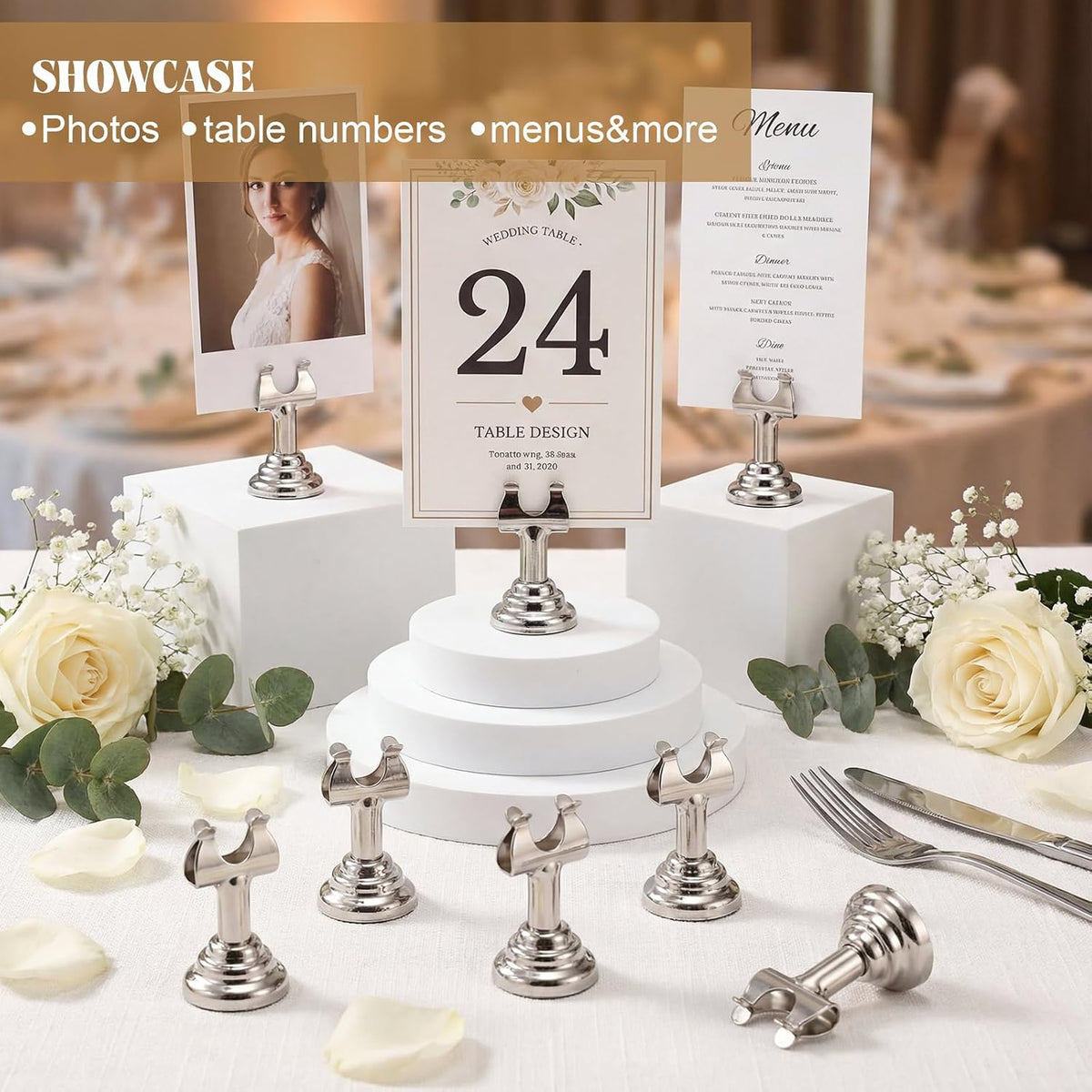 24 Pcs Silver Table Number Holder Metal 1.8 in Place Card Holder | Harp Clip Place Cards Stands for Wedding Restaurant