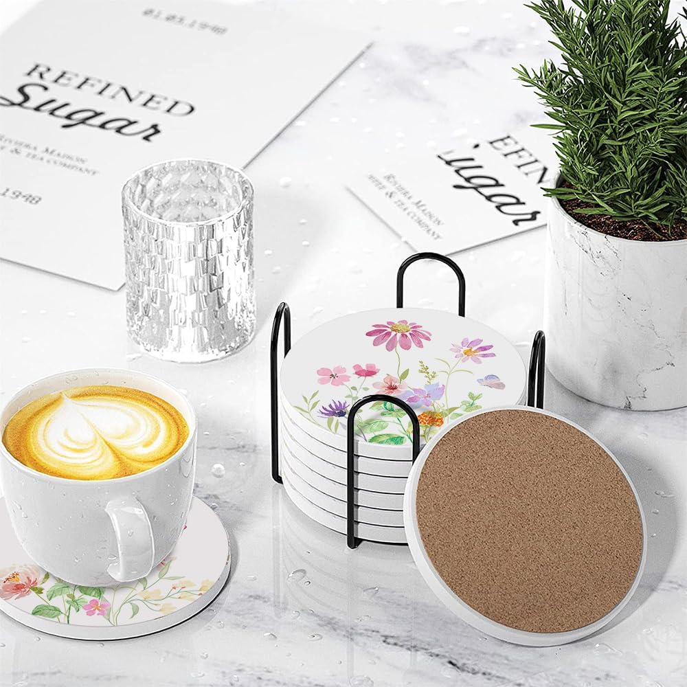 Holder / Drink Absorbent Coasters / Botanical Floral / Round / Set of 6