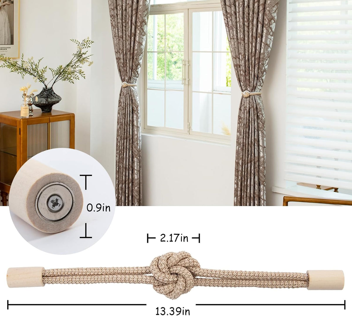 Magnetic Curtain Tiebacks Holdbacks Rope Curtain Tie Backs Outdoor Contoeey | 8 Pack Beige Wood Magnetic Curtain