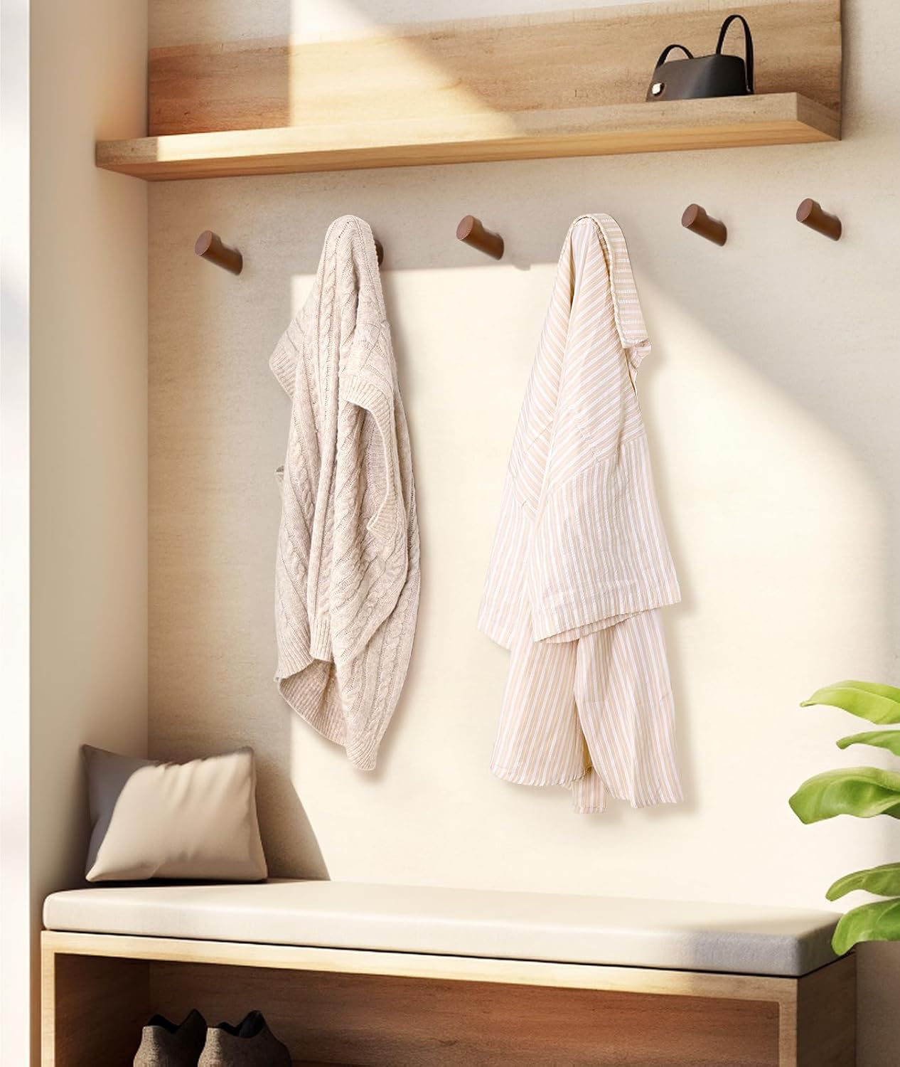 Wood Wall Hooks for Hanging / Walnut / Set of 6