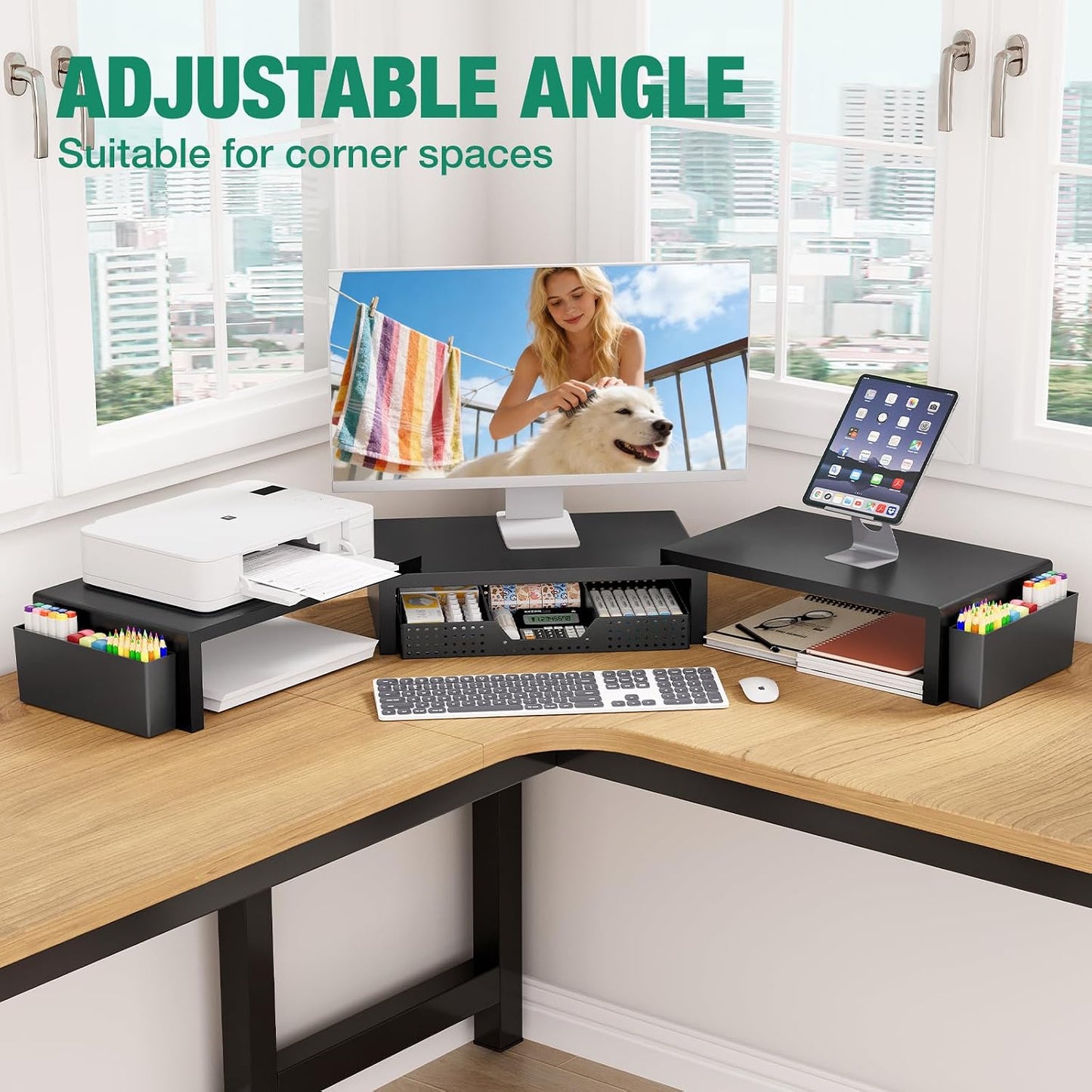 Desk Organizer and Accessories, Dual Computer Monitor Stand Riser with Drawer and 2 Pen Holders, Laptop Stand, Office