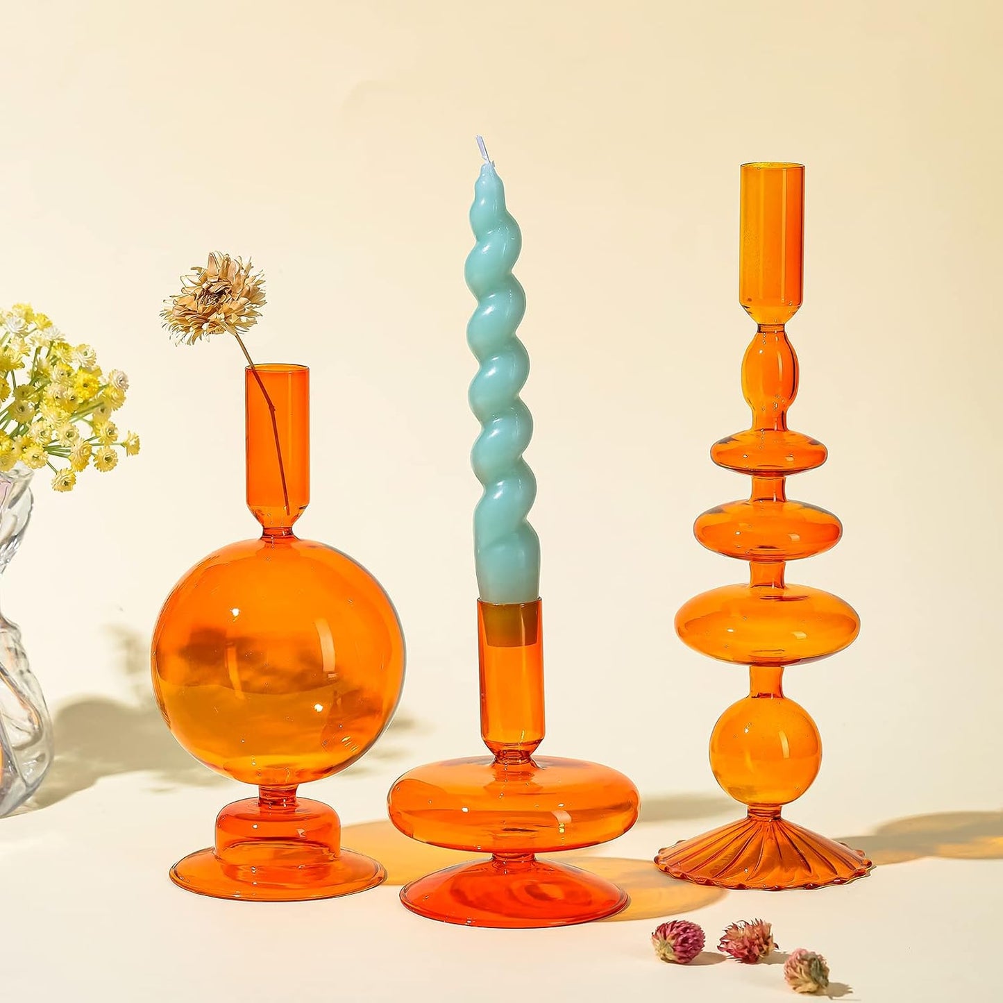 Rtteri 3 Pcs Glass Candle Holder Groovy Wavy Taper Candle Stick,Brown | Taper Candles Holder, Wavy Glass Holder Stable