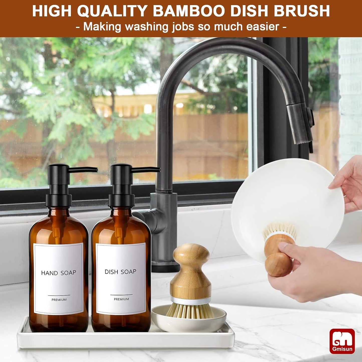 GMISUN Dish Soap Dispenser, 16 Oz Kitchen Soap Dispenser Set with Ceramic Tray & Bamboo Brush, 2 Pack Thick Amber Glass
