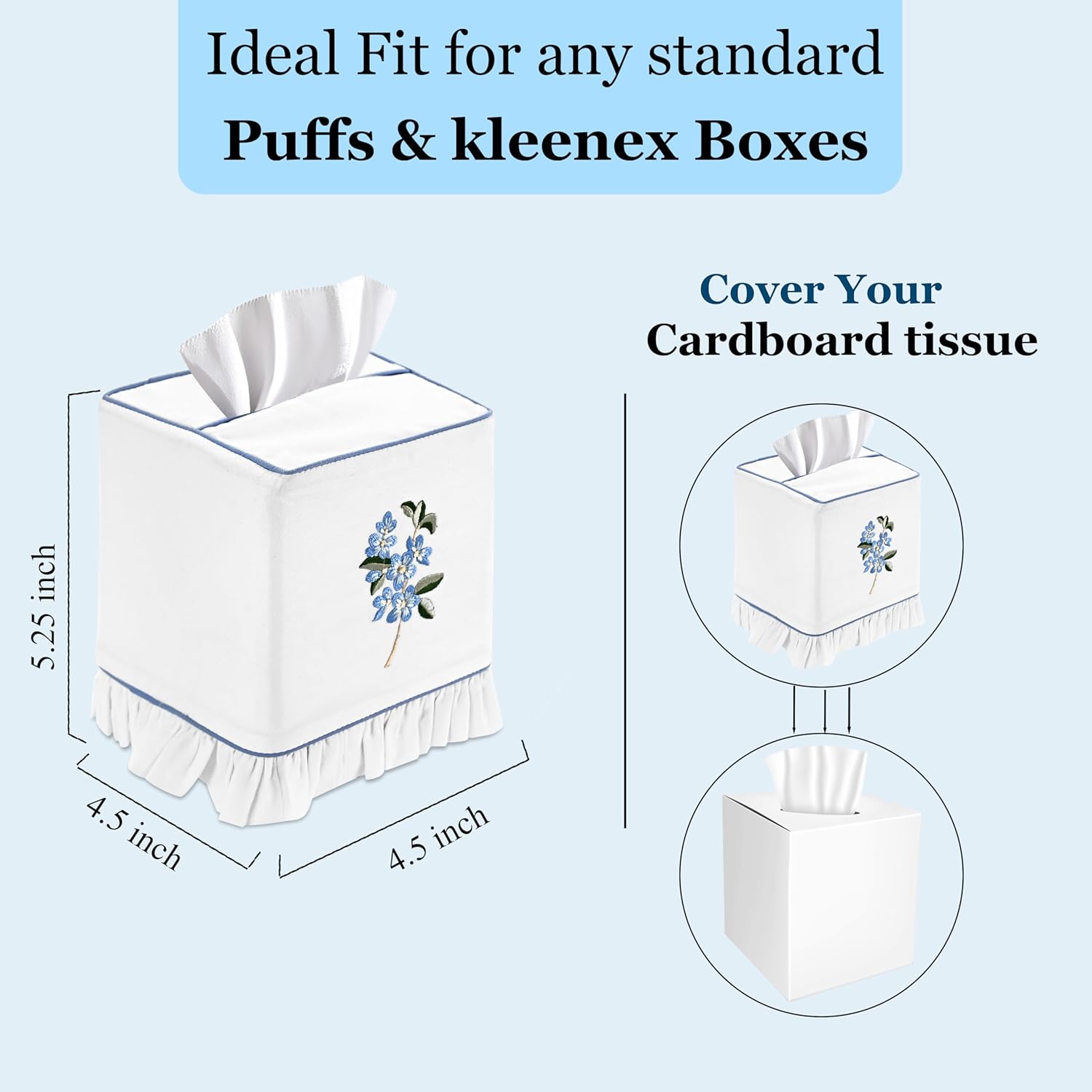 Embroidered White Cotton Tissue Box Cover / Blue Floral