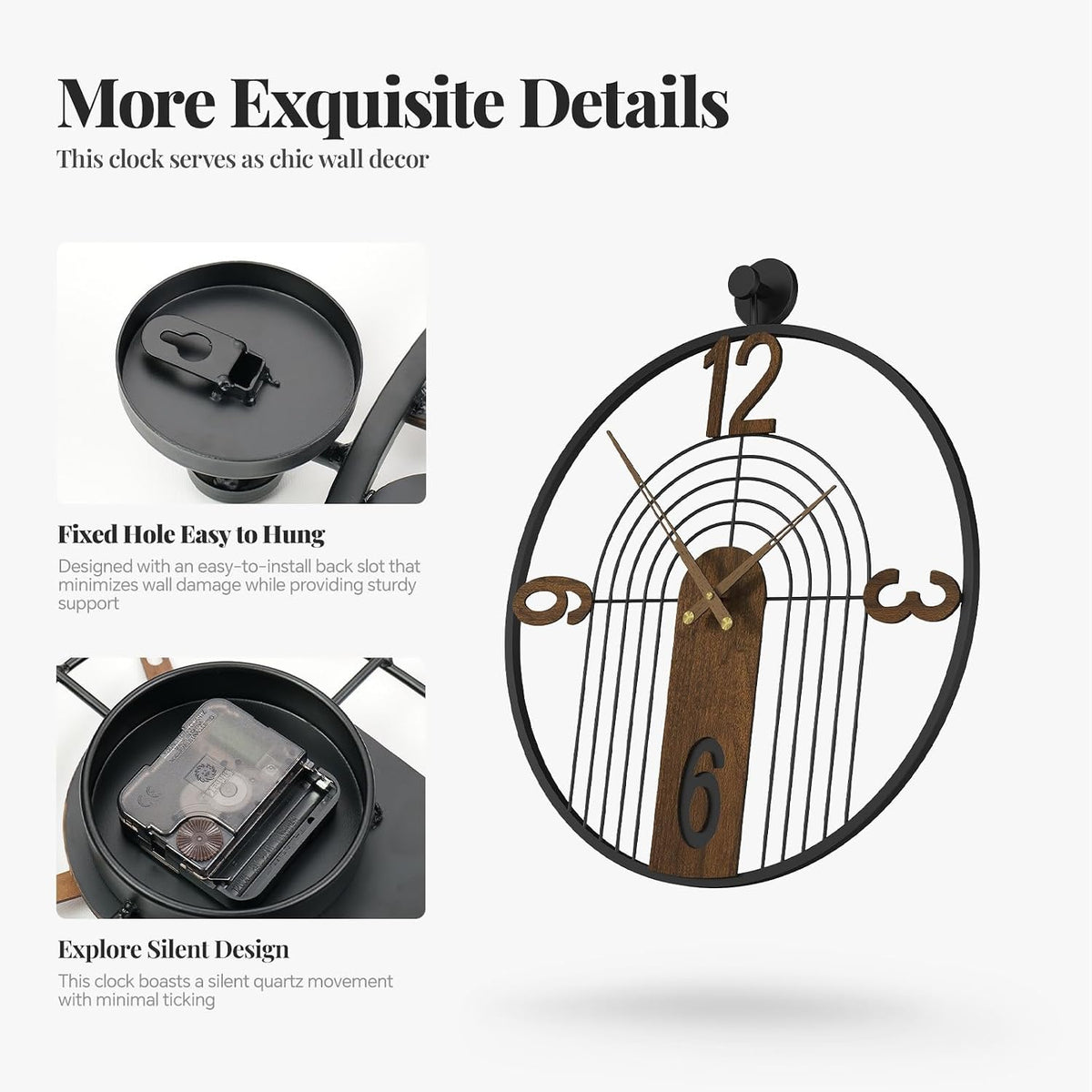 Cuspin 30 Inch Large Wall Clock Modern Black Metal Clock with Walnut Dial | Battery operated, Silent non ticking