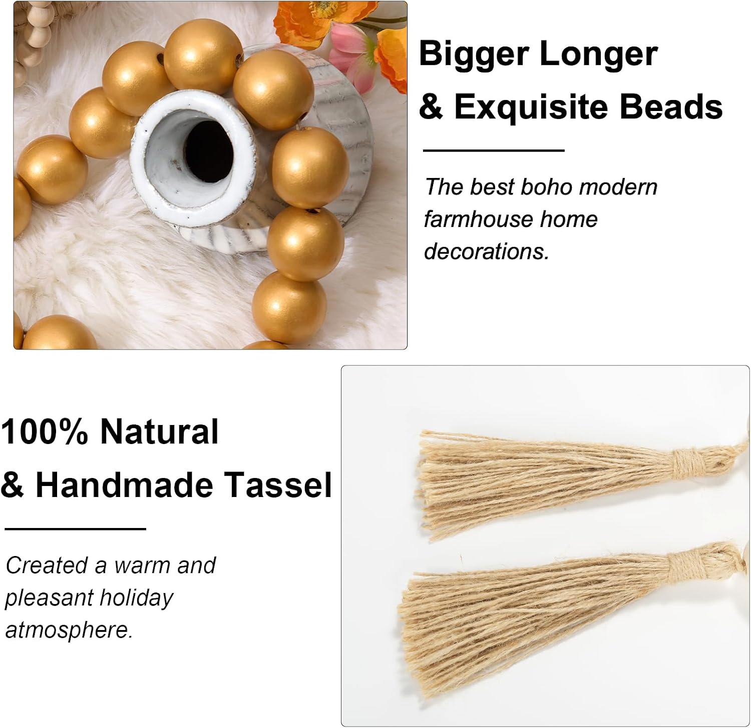 60" Long Extra Large Wood Bead Garland / 8 Gold / 60 Inches