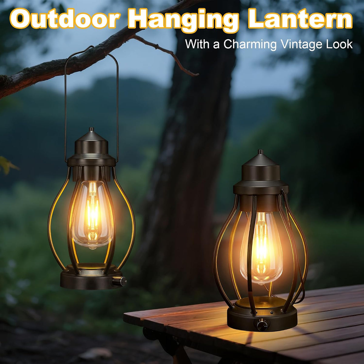 Battery-Powered LED Lanterns Vintage Lights for Camping, 2 Pack Rechargeable Lantern with Dimmerble Warm White Edison