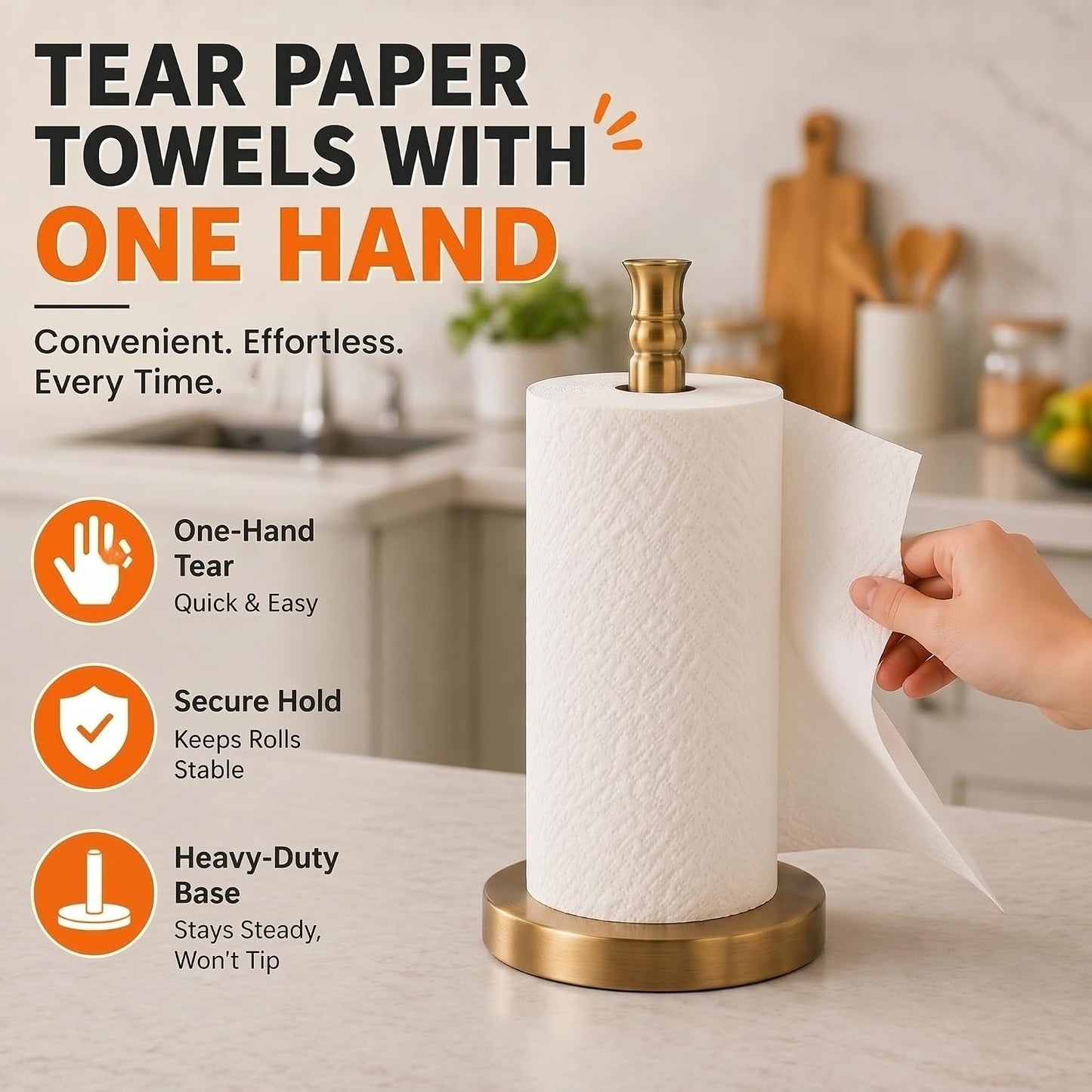 Paper Towel Holder, Stainless Steel Heavy Base (2LBS in Weight, and 6.7inch in Diameter), Gold Brushed Finish, Paper