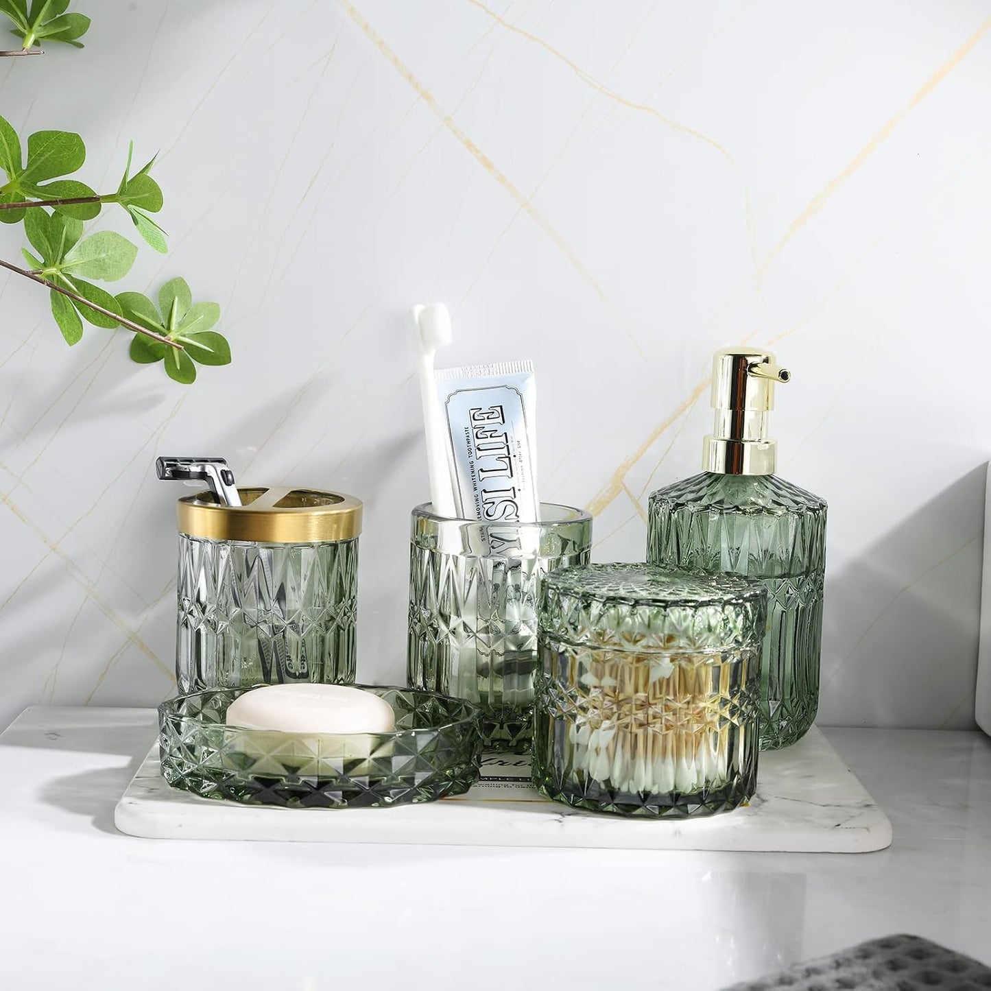 LaMarriti Green Bathroom Accessories Set, 6 Pcs Clear Glass Bathroom Set, Soap Dispenser, Soap Dish, Toothbrush Holder