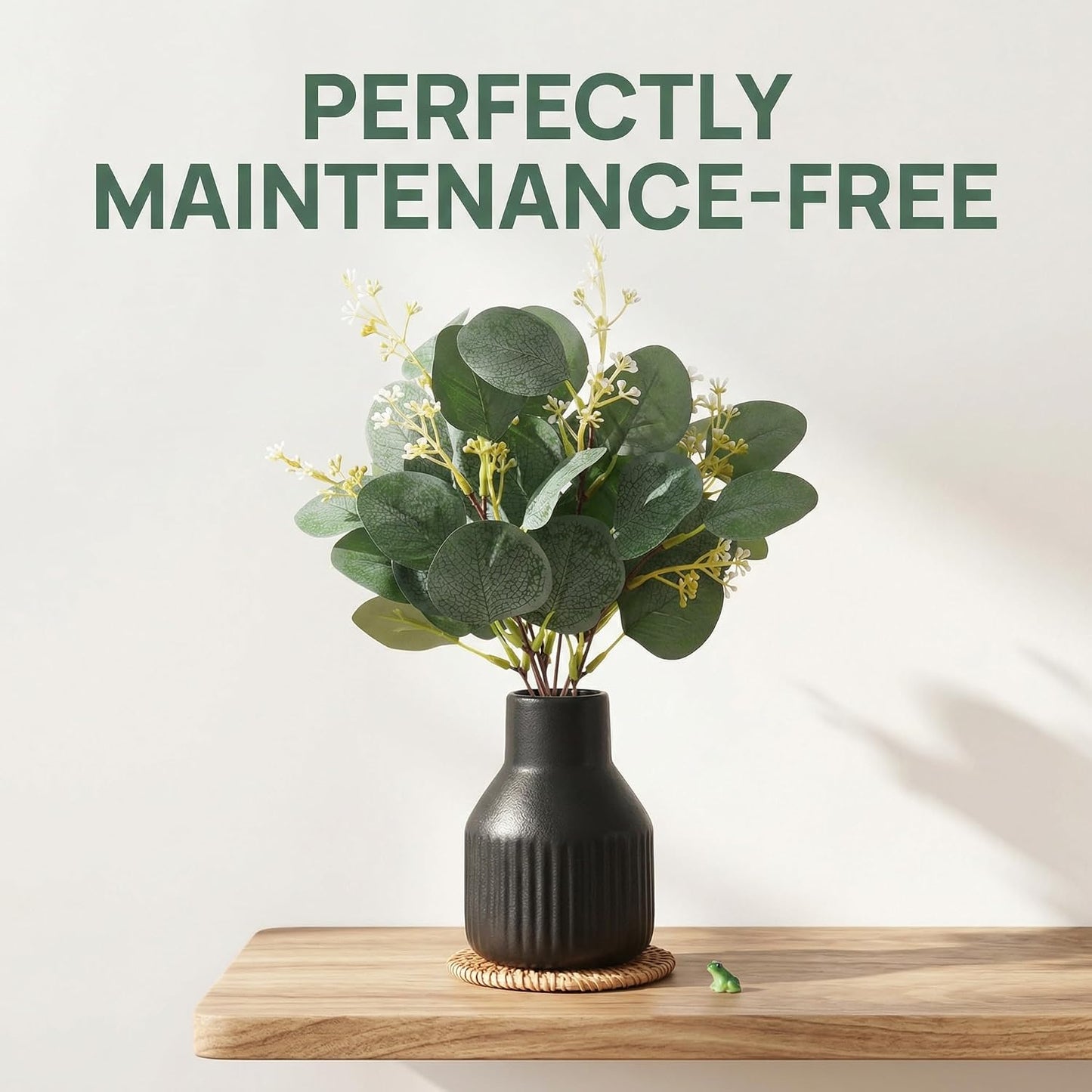 Artificial Eucalyptus Greenery Stems in Ceramic Vase / Black / Set of 10