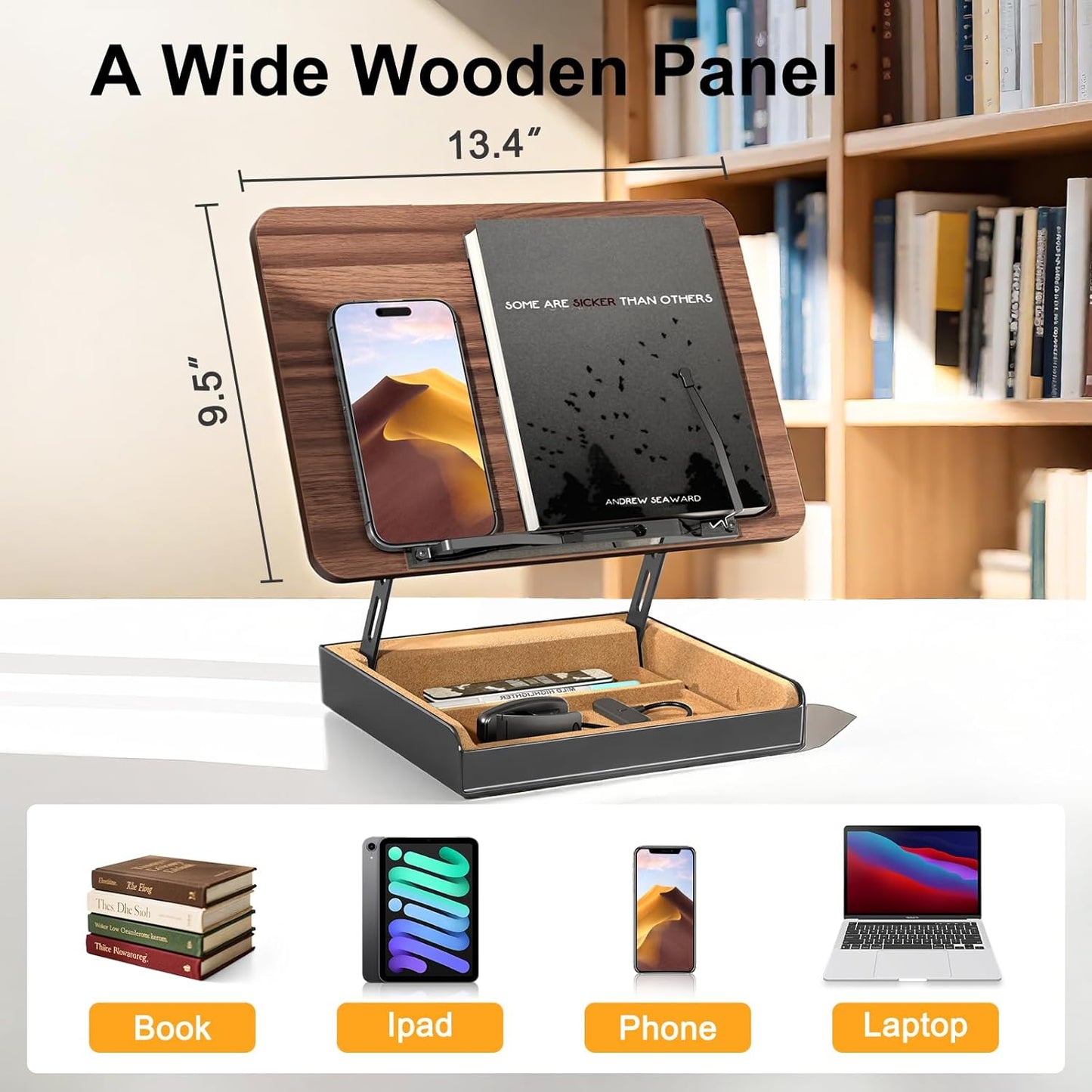 Book Stand with Storage, Book Holder for Reading Hands Free | Wooden Cookbook Stand for Kitchen Counter, Adjustable