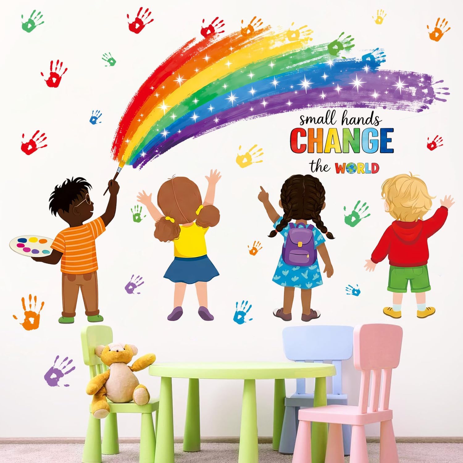 Rainbow Hand Print Wall Sticker Kids Inspirational Quotes Small Hands Change the World Peel