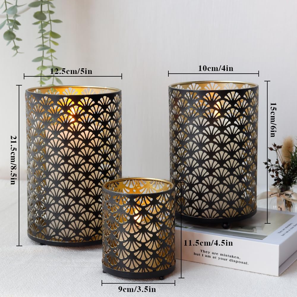 JHY DESIGN Set of 3 Metal Candle Holders Bronze Hurricane Pillar Candleholder Vintage Table Candlestick Holders Great