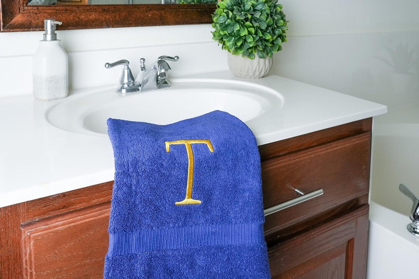 Navy with Gold Monogrammed Hand Towels for Bathroom - Set of 2 Letter T | Luxury Hotel Quality Initial Towels For