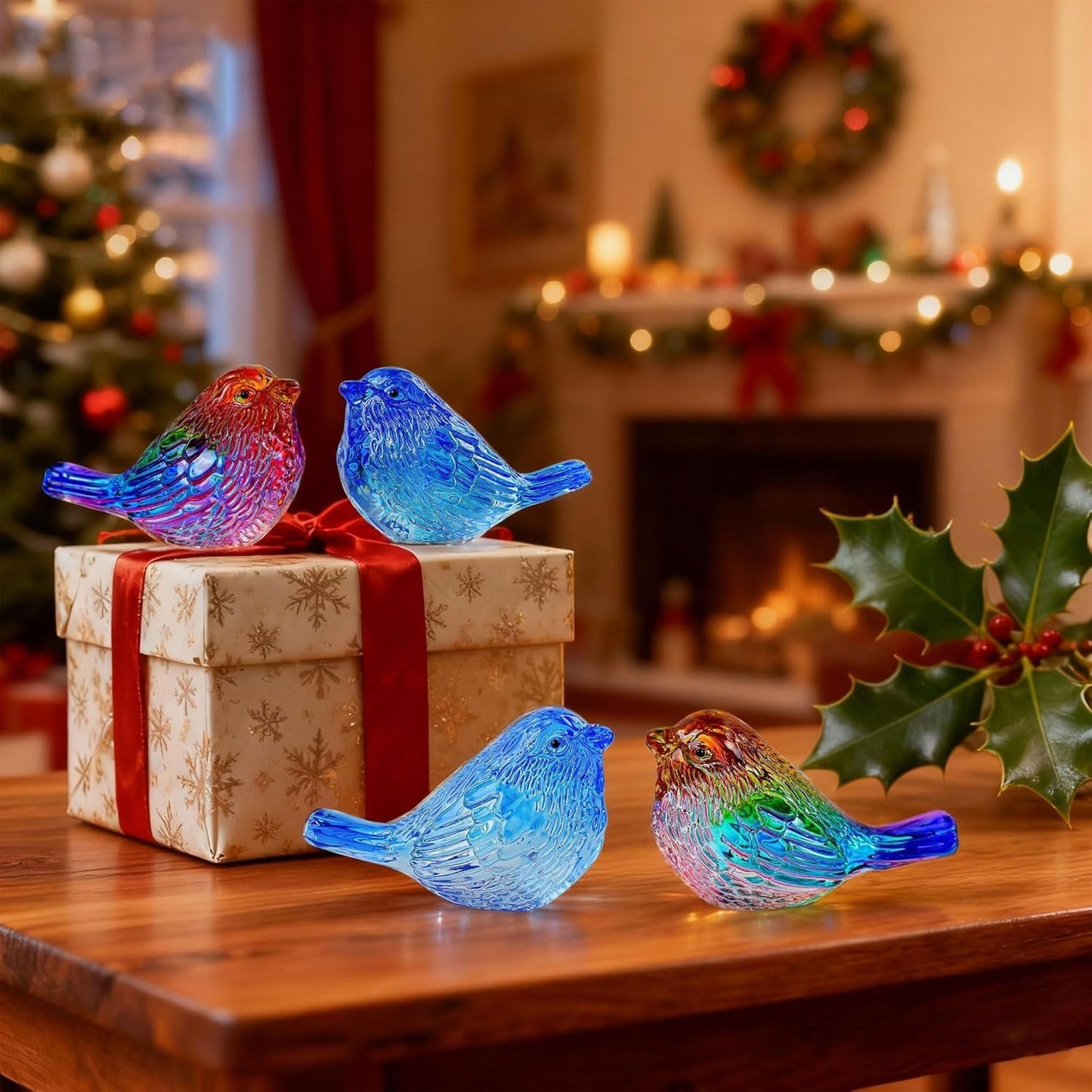 3" Small Bird Statues Home Decor Accents Blown Glass Birds Decor for Tabletop / Blue / Set of 2