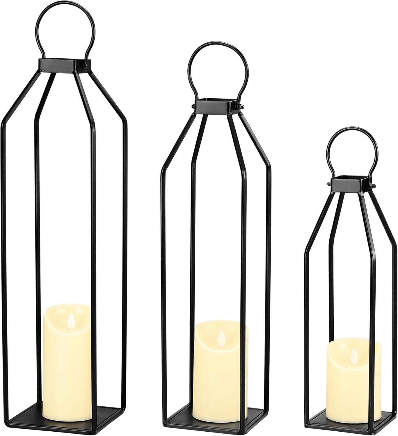 Perfnique Modern Farmhouse Lanterns, Set of 3 Black Metal Lanterns w/ 6hr Timer Flickering Flameless Candles