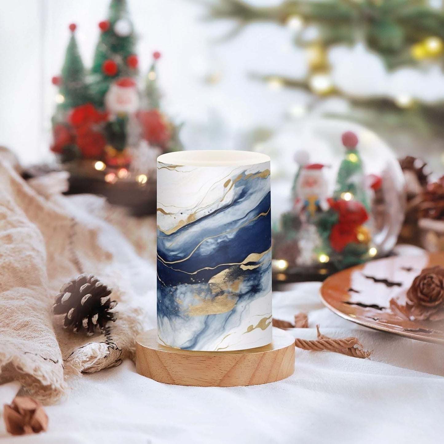 Flickering Flameless Candles, Drak Blue Golden Marble LED Candles with Remote Timer, Set of 2 Battery Operated Candle