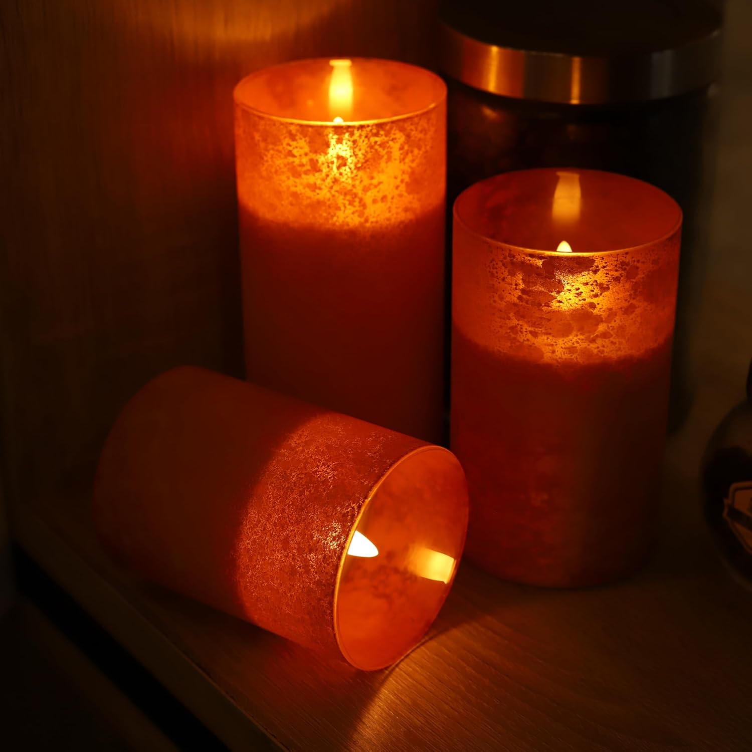 Flameless Candles with Remote Orange Glass LED Pillar Candles Set of 3 | Realistic Wax Flame Effect, 2/4/6/8H Timer